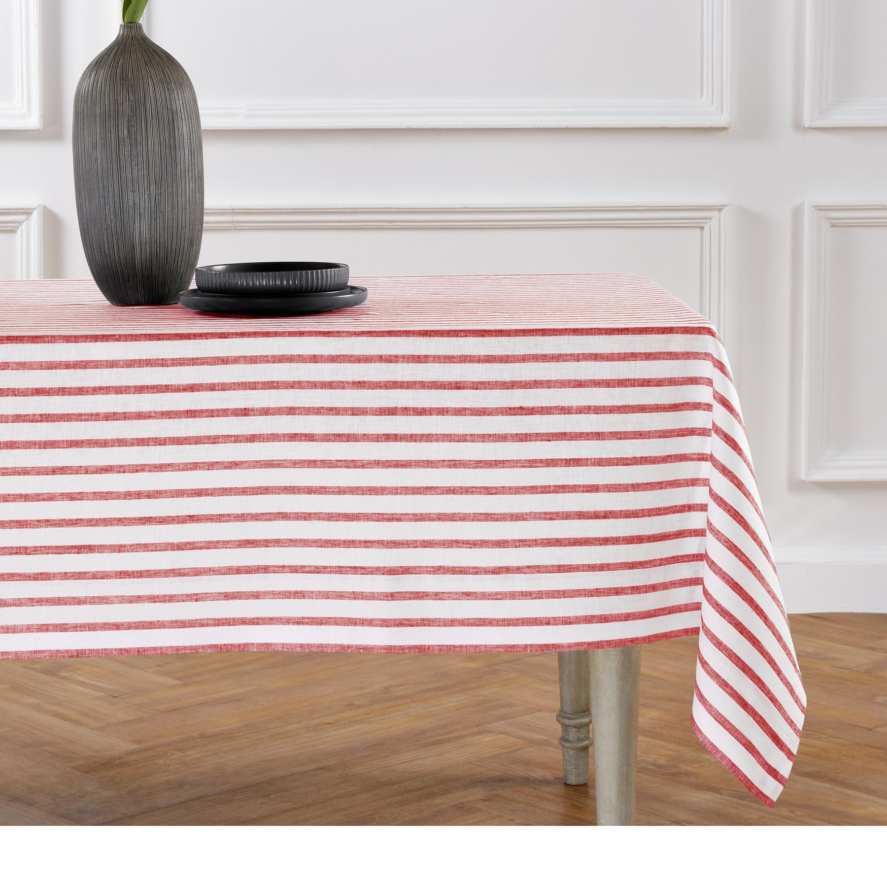 Solino Home Stripe Linen Tablecloth - 100% Pure Linen Red And White Tablecloth 90'' L X 60'' W For Spring - Handcrafted And Mach