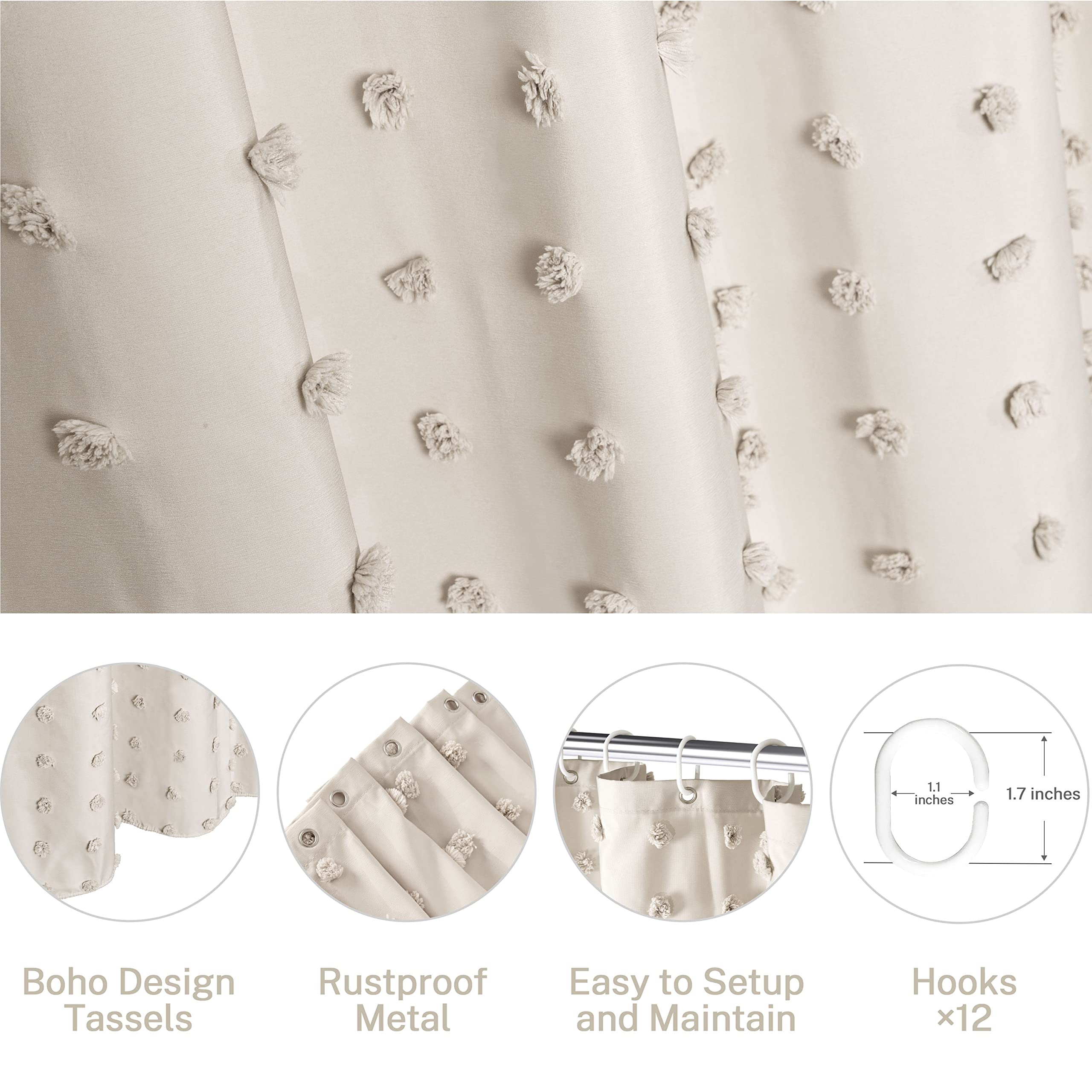 Siiluminisoy Extra Long Beige Boho Shower Curtain Woven Fabric Cute Shower Curtain, 72 X 96 Tufted Pleat Floral Puffs Textured M