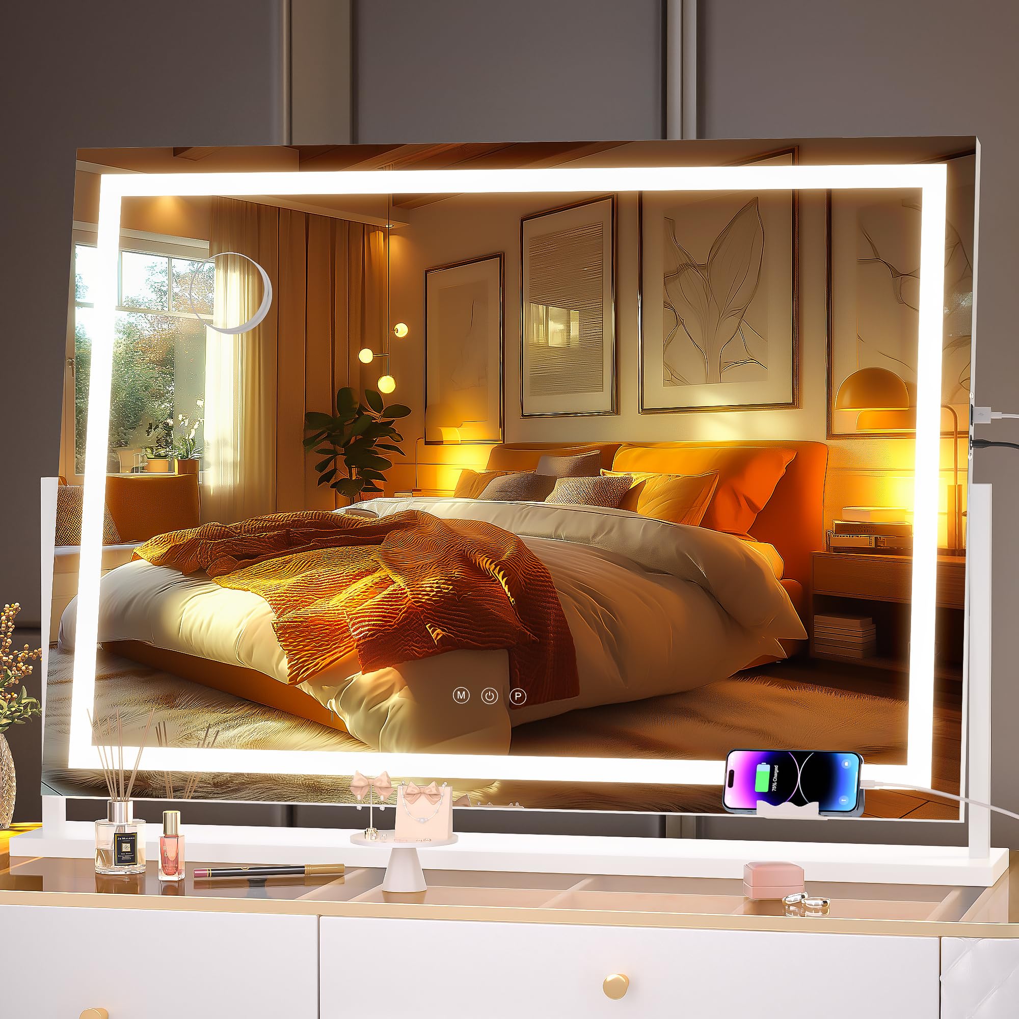 Hasipu Vanity Mirror With Lights, 39.4'' X 28.3'' Led Makeup Mirror, Light Up Mirror With 10X Magnification And Phone Holder, Us