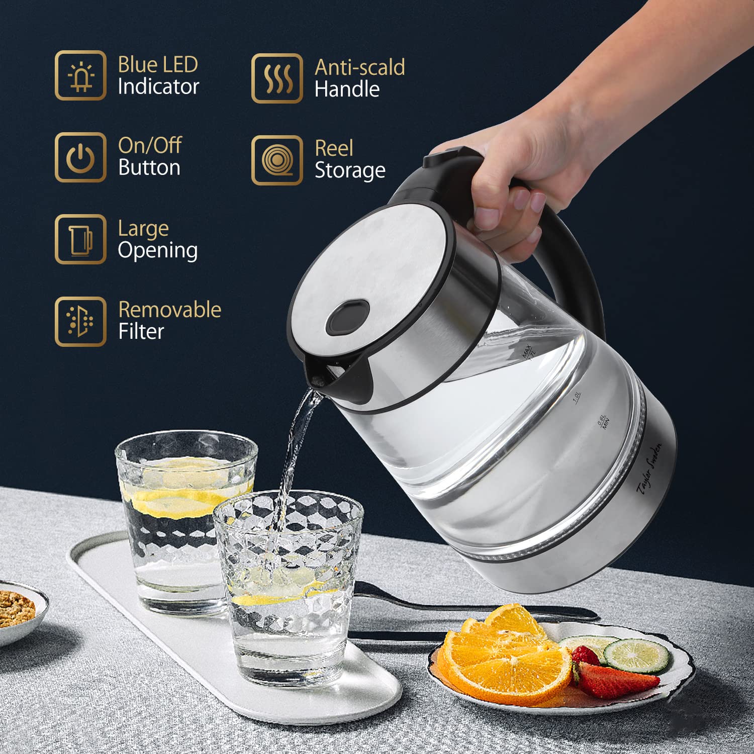 Taylor Swoden Electric Hot Water Kettle 1.7L Borosilicate Glass Cordless with Auto Shutoff - Fast Boiling Tea & Coffee Kettle