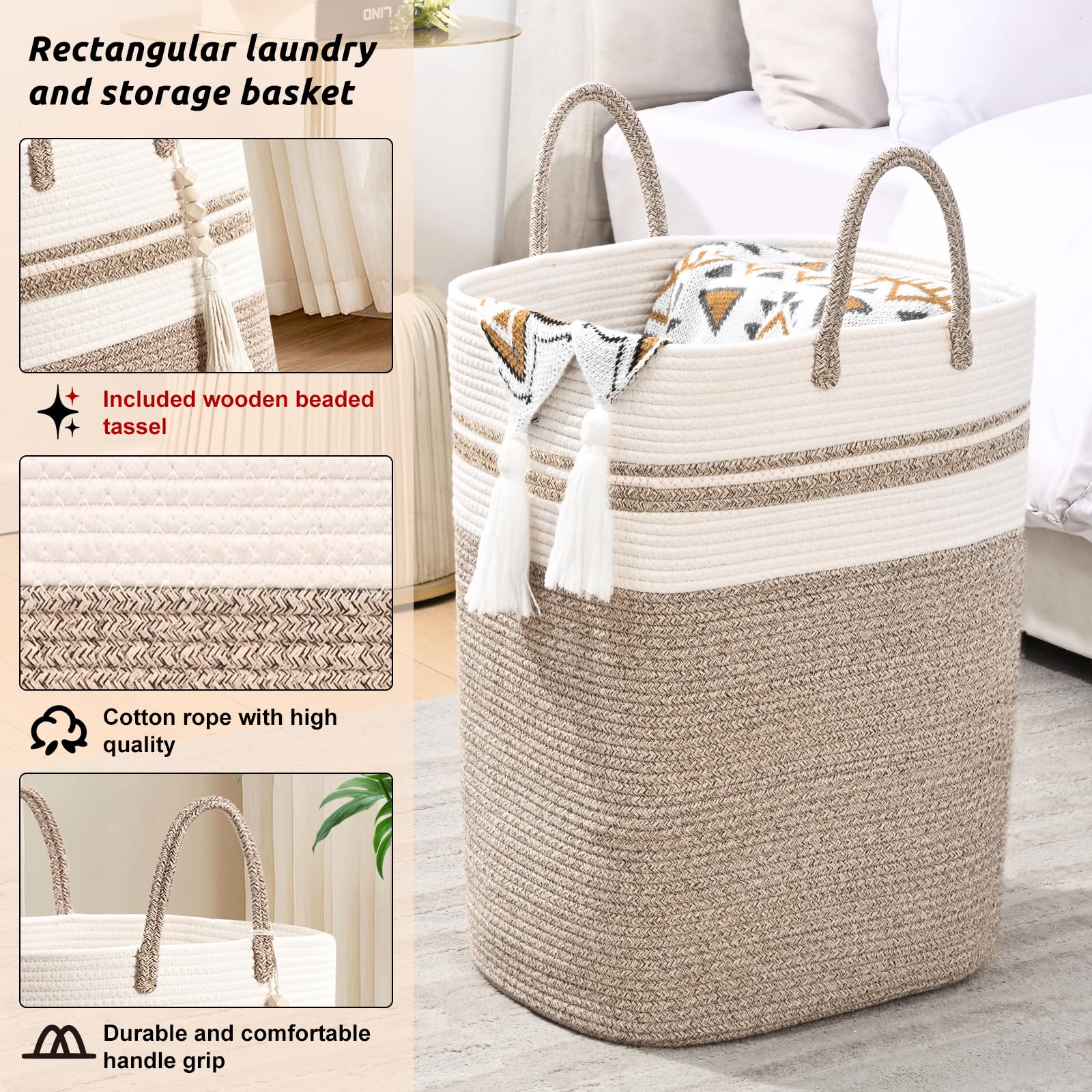 Woven Laundry Basket For Clothes, 65L Large Rectangle Laundry Hampers, Nursery Storage Basket For Toys, Tall Dirty Clothes Hampe