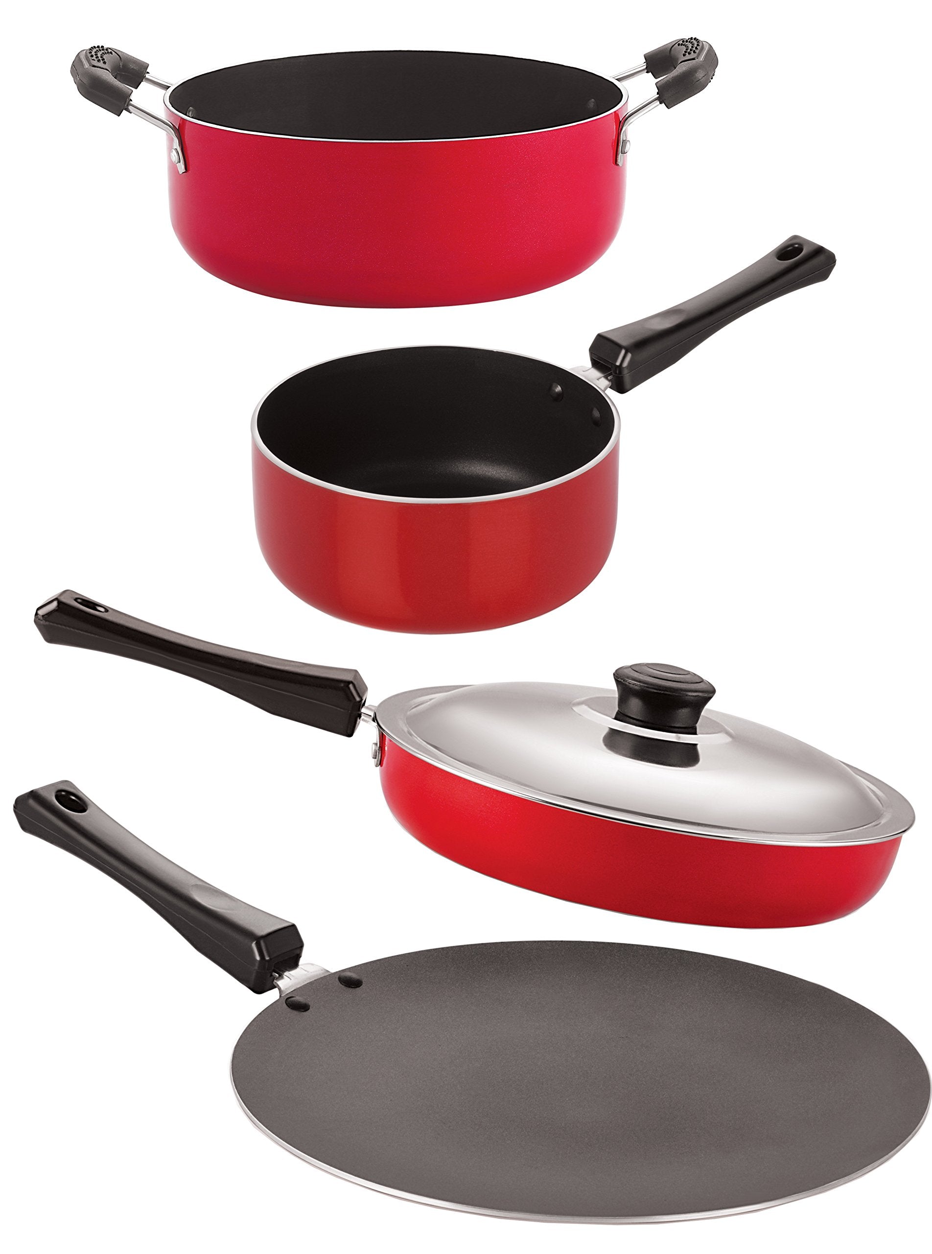 Nirlon NonStick Aluminum Cookware Set, 4Piece, Red And Black (2.6Mm_Ct_Fp13_Spm_Cass20)