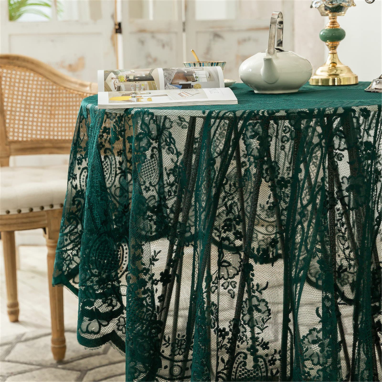 Fhberni Green Lace Tablecloth - Elegant Floral Patterns, 75" Round Overlay for Weddings & Parties