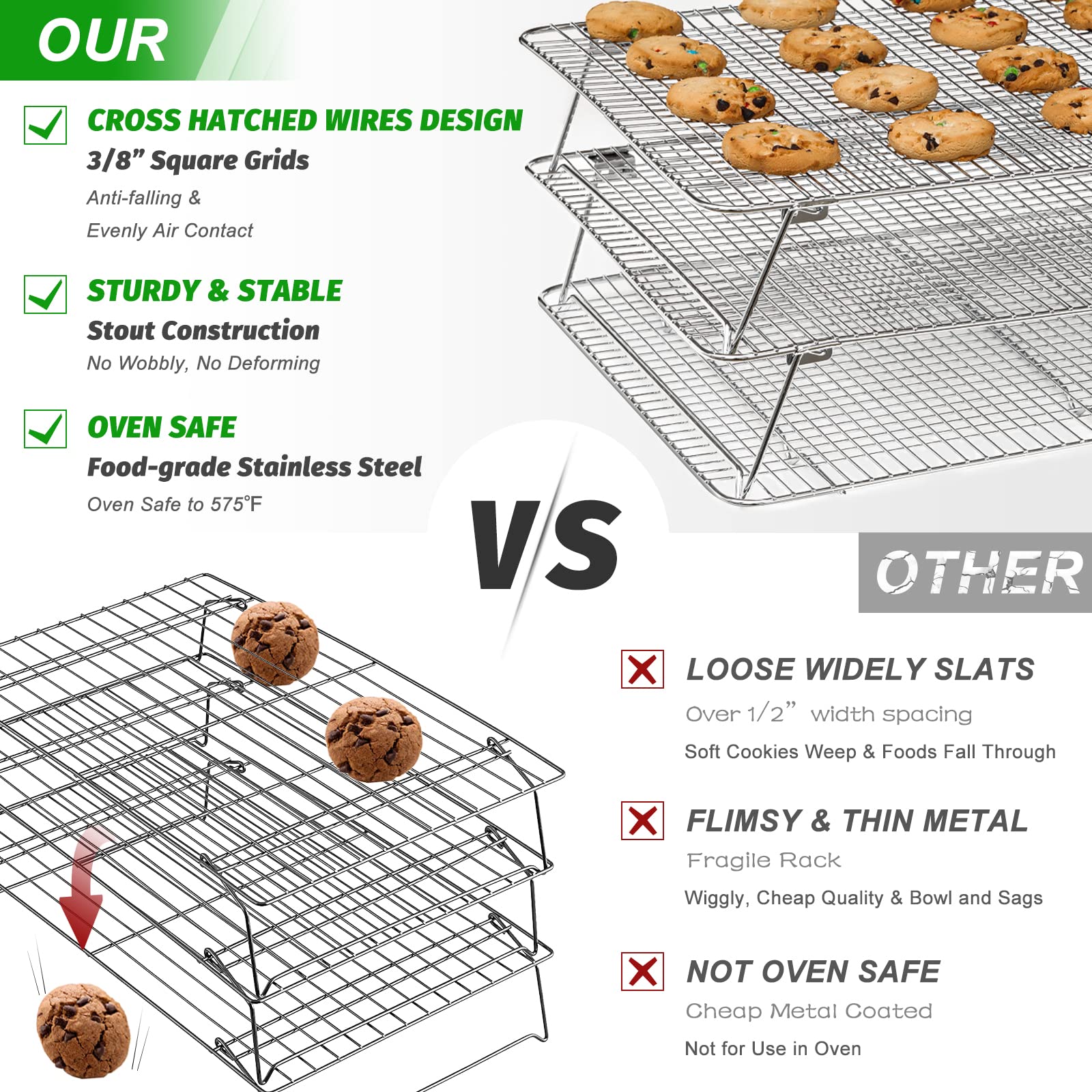 HIWARE Stainless Steel Stackable Cooling Rack for Baking  3 Tier 11.8?x 16.5? Oven & Dishwasher Salf and Fit Half Sheet Wire Cooling Racks for Cookie  Pizza  Cake