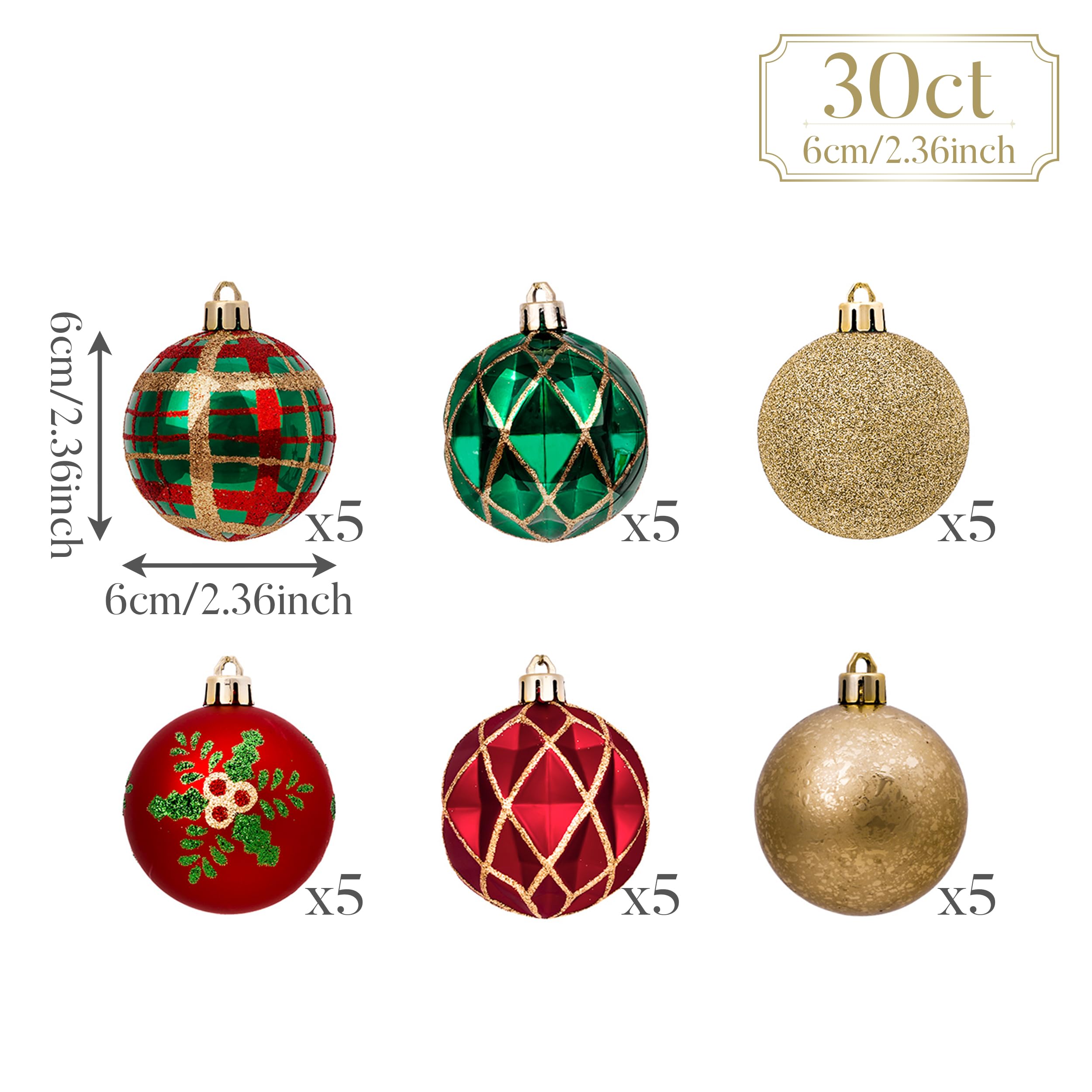 Valery Madelyn Christmas Ornaments Set, 30ct 2.36 Inches Red Green and Gold Shatterproof Christmas Tree Decorations Ball Ornamen