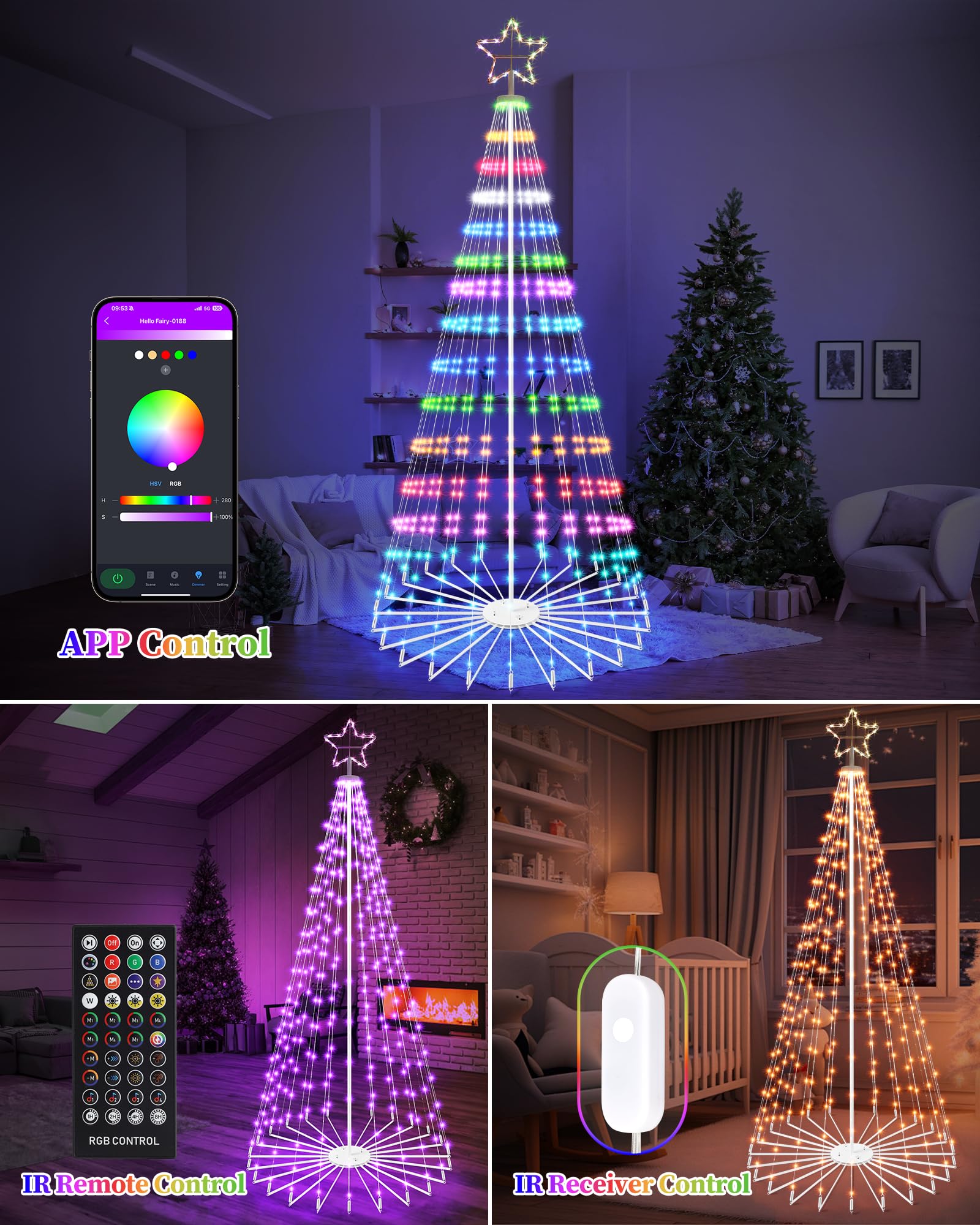 Brightever 12FT 832 LED Smart Cone Christmas Tree, Outdoor Prelit Christmas Tree with 16 Million DIY RGB LED Light Show, Remote