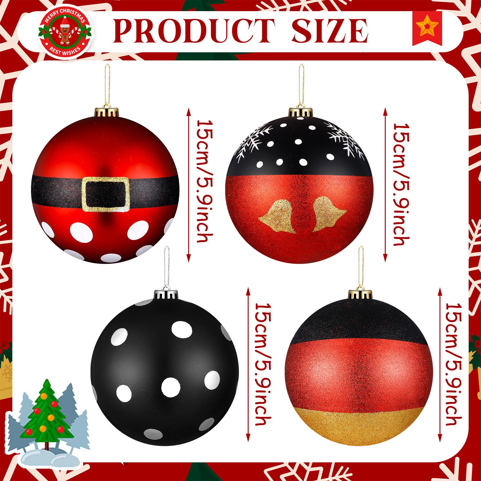 Tigeen 4 Pcs 6'' Large Mouse Christmas Ball Ornaments Extra Large Red Black Yellow Bell Hanging Ornaments 150mm Glitter Winter M