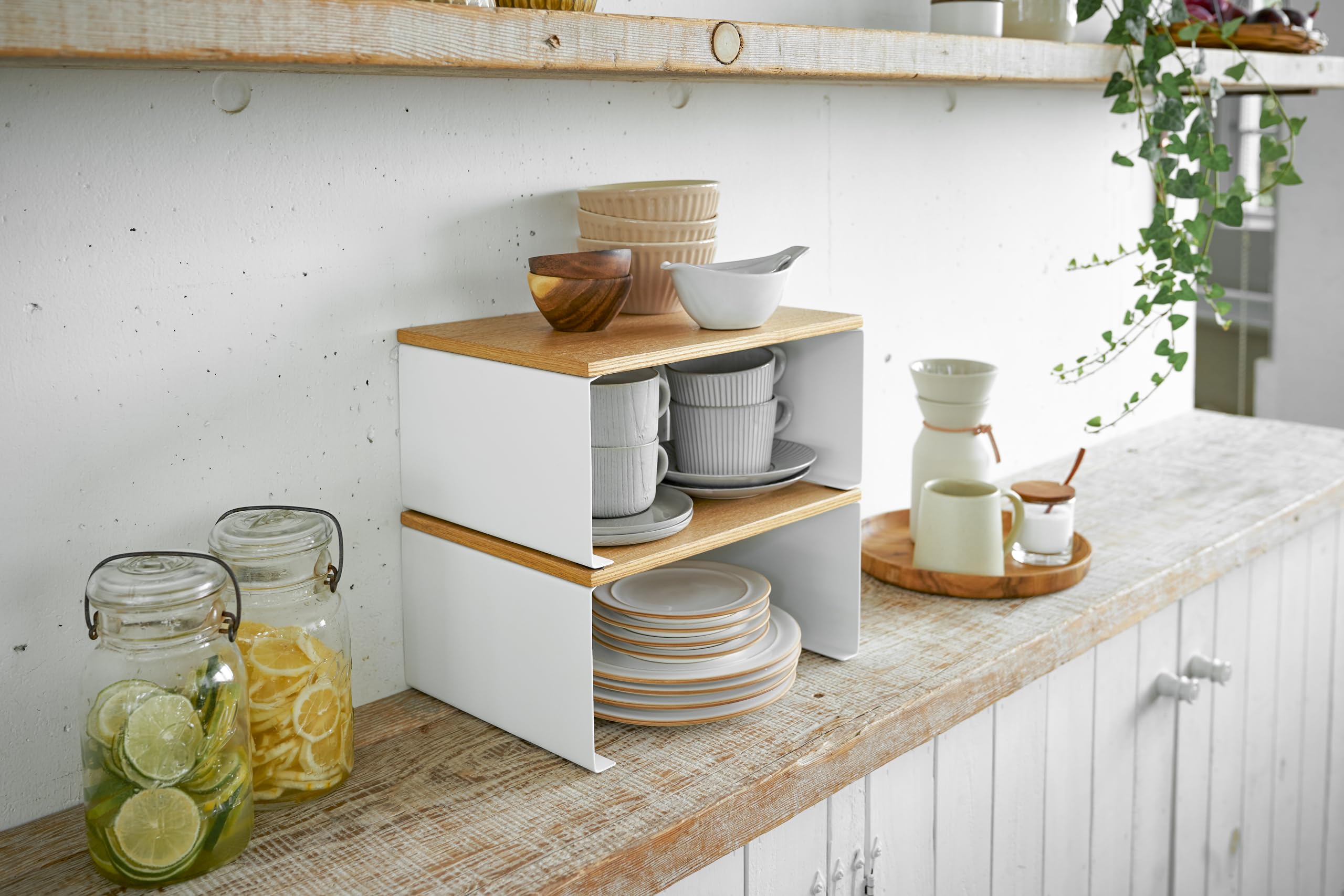 Yamazaki Home Wood-Top Stackable Kitchen Rack - Modern Counter Shelf Organizer Steel + WoodLargeWhite
