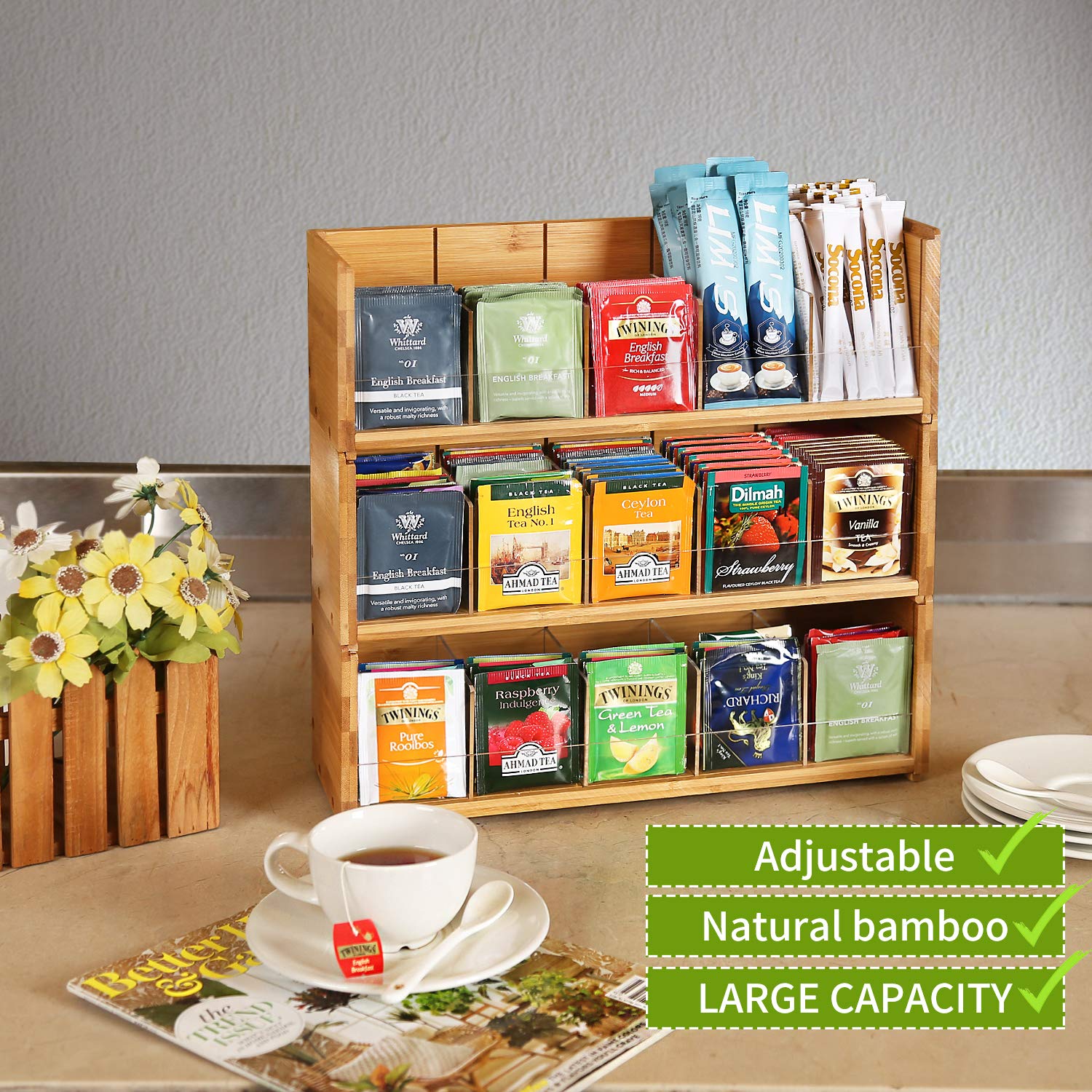 X-Cosrack Bamboo Tea Bag Organizer Storage Box, 3 Tier Stackable Tea Bag Box Natural Wood, Wall Mount Tea Chests With Acrylic Fo