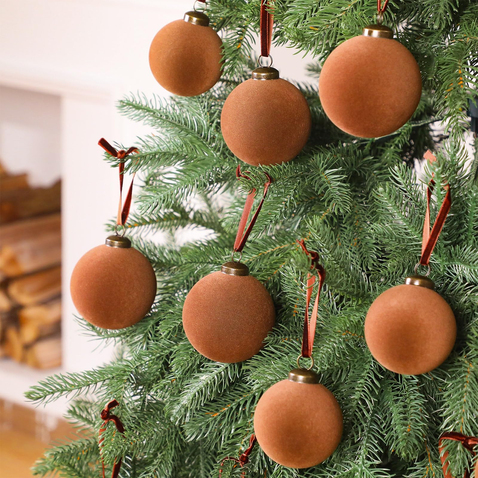 Foilswirl 18 Pcs Velvet Christmas Balls Bulk 3.15, 2.76, 2.36 Inch, Flocked Xmas Tree Ball Ornaments Plastic Velvet Christmas Or