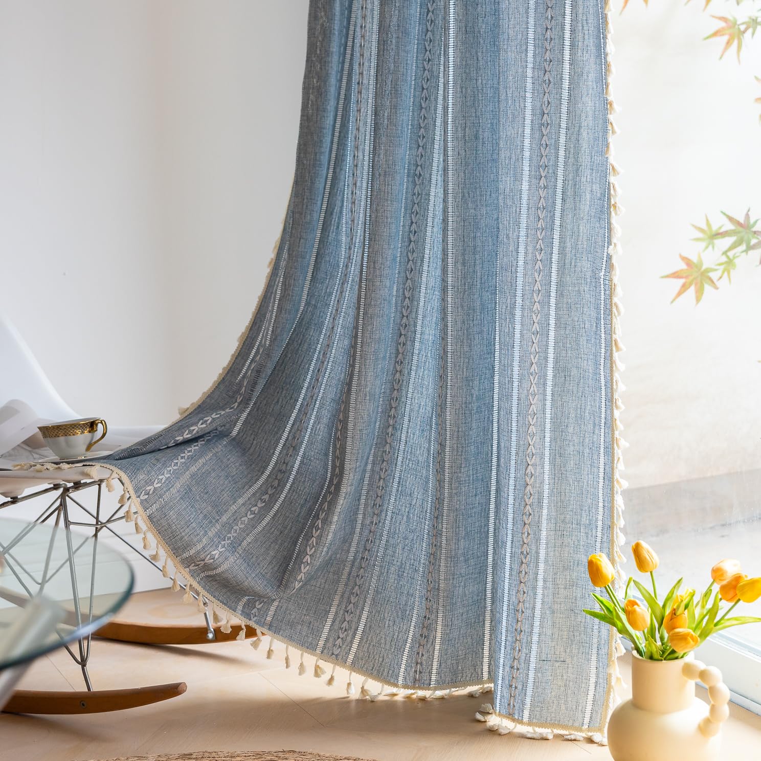 Deeprove Blue Boho Curtains 84 Inches Long for Bedroom Living Room Kitchen, Bohemian Chic Textured Embroidery, Vintage Handmade 