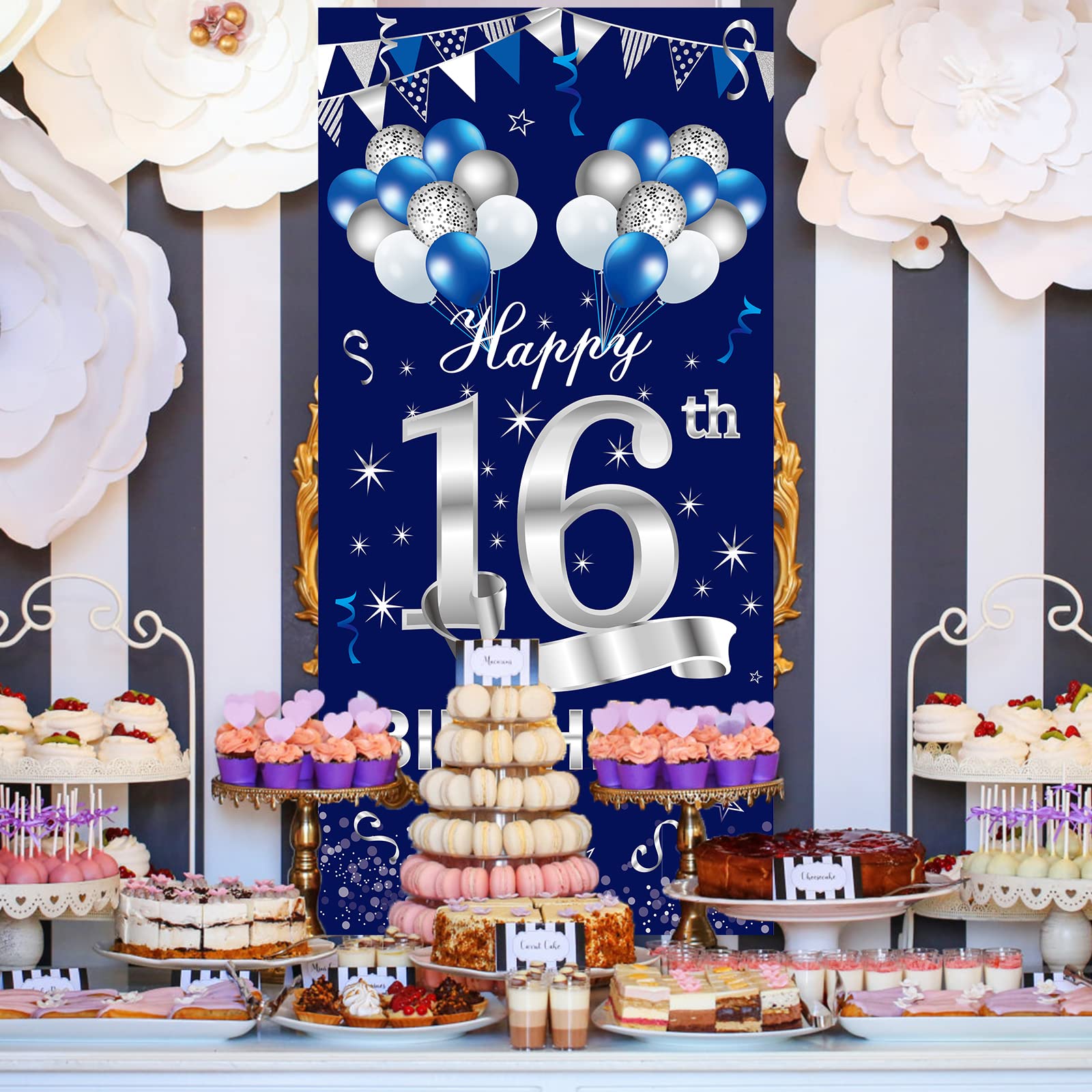 Turypaty Blue Silver 16Th Birthday Door Banner Decorations, Happy 16 Birthday Door Cover Sign Party Supplies For Boys, Sweet 16