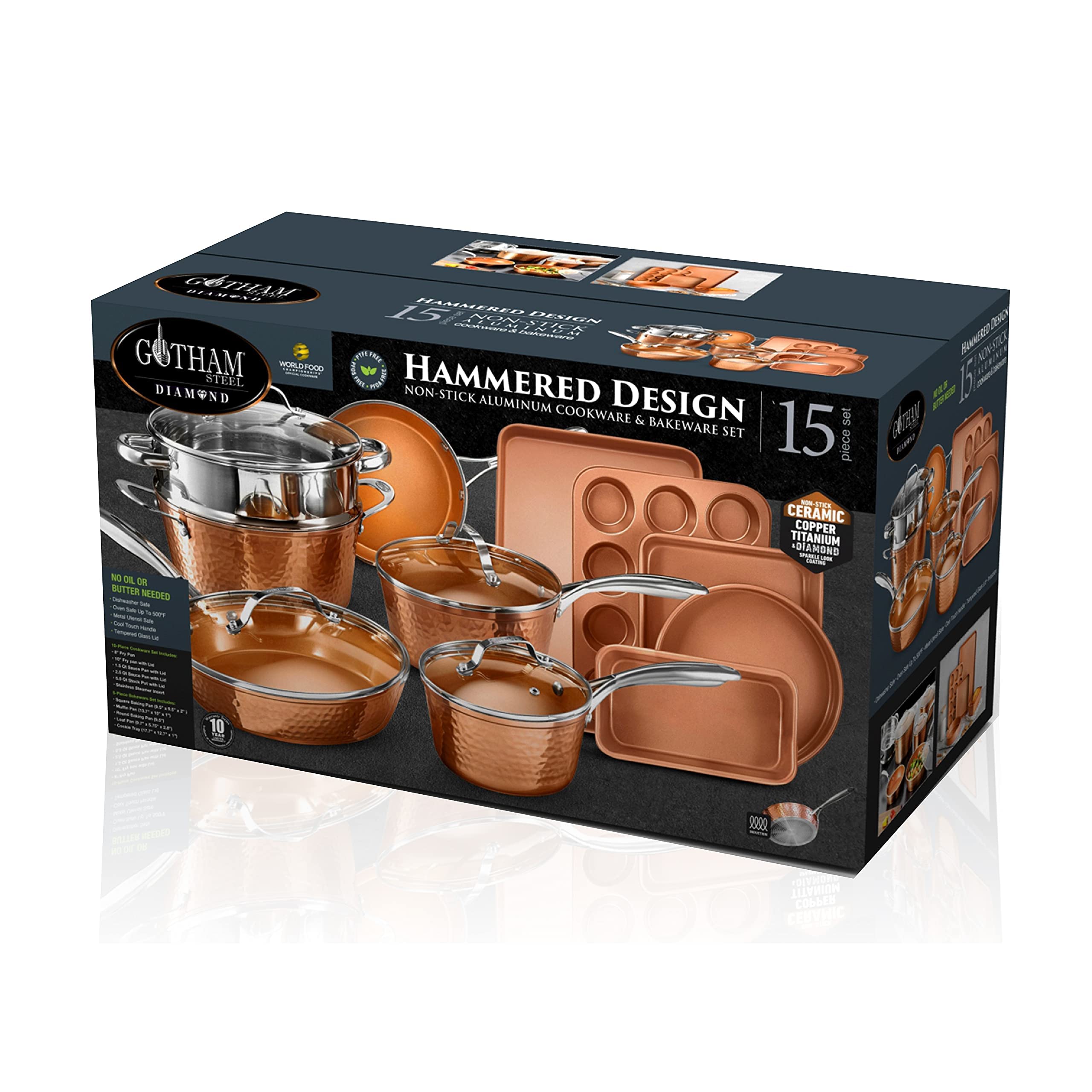 Gotham Steel 15 Pc Ceramic Cookware Set, Hammered Copper, Nonstick, PFOA Free, Induction & Dishwasher Safe, Model 2984