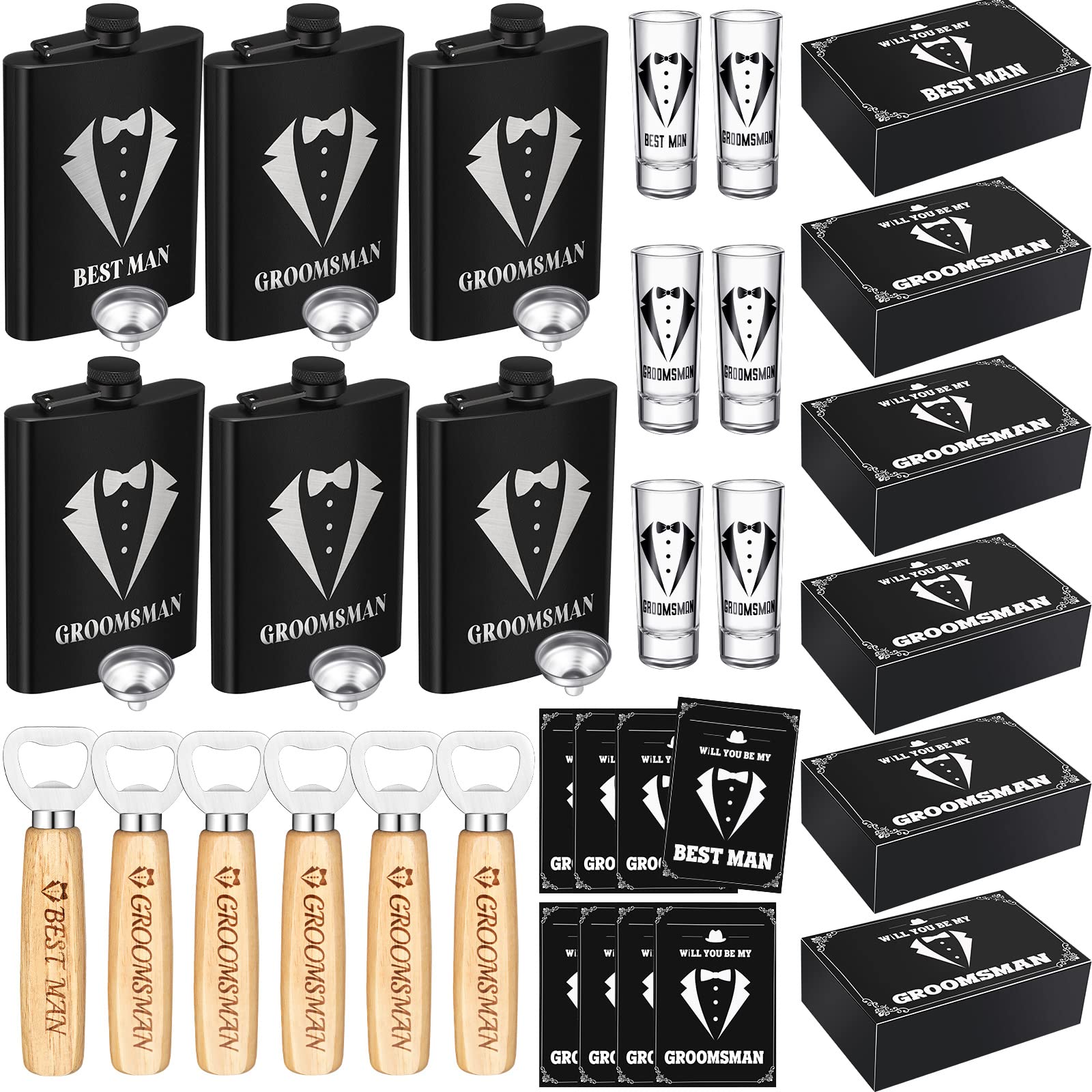 Yaomiao 30 Pcs Groomsmen Gift for Wedding, Including 6 Pcs 8 oz Groomsmen Flask 6 Wooden Bottle Opener 6 Party Favors Shot Glass
