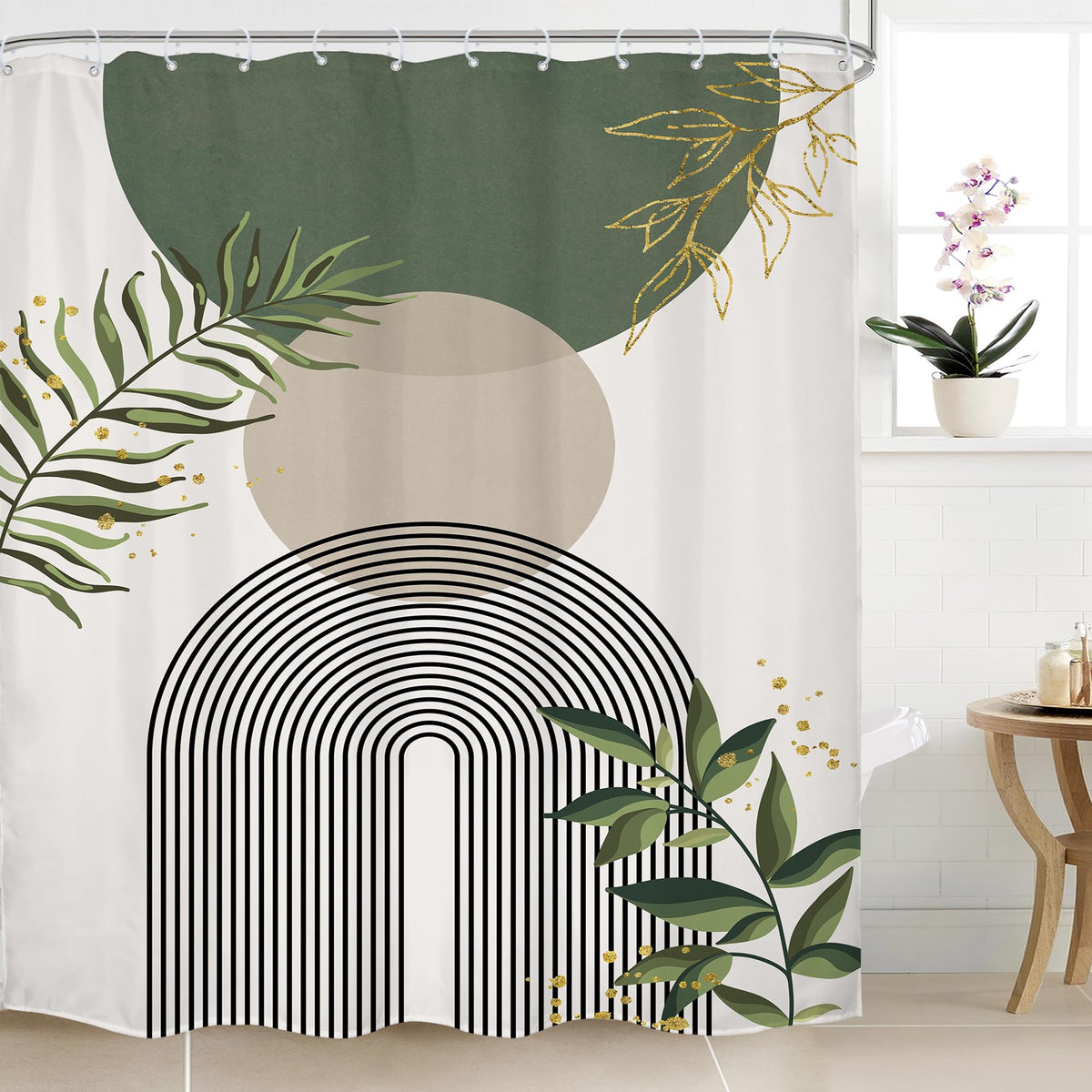 Mitpok Sage Green Boho Shower Curtain 72Wx96H Extra Long Mid Century Modern Abstract Green Gold Minimalist Leaves Sun Arch Bathr