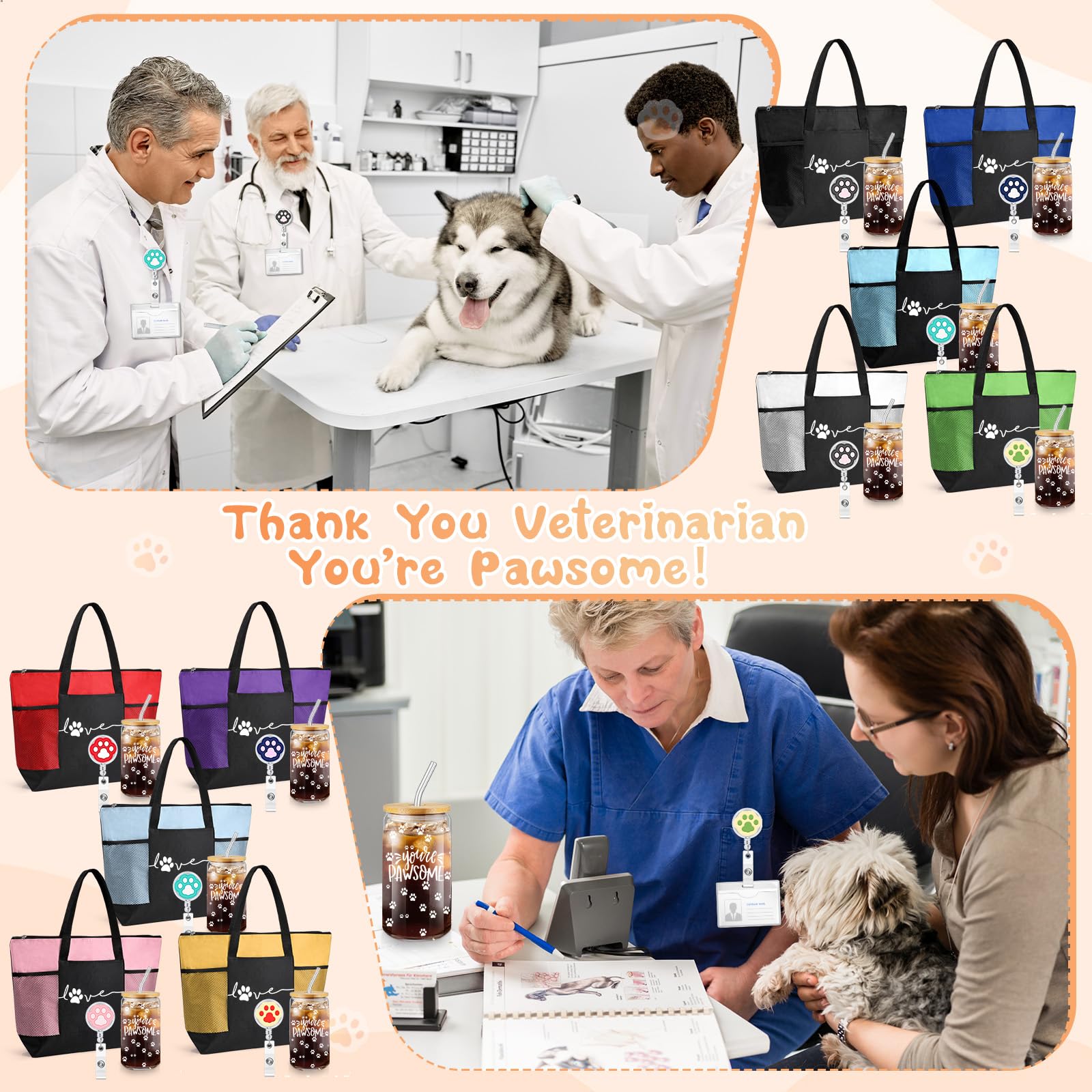 Bulyoou Veterinary Vet Tech Gifts Tote Bag 16 oz Glass Cup Paw Badge Reel Christmas Thank You Gift for Vet Tech Nurse(Rainbow Co