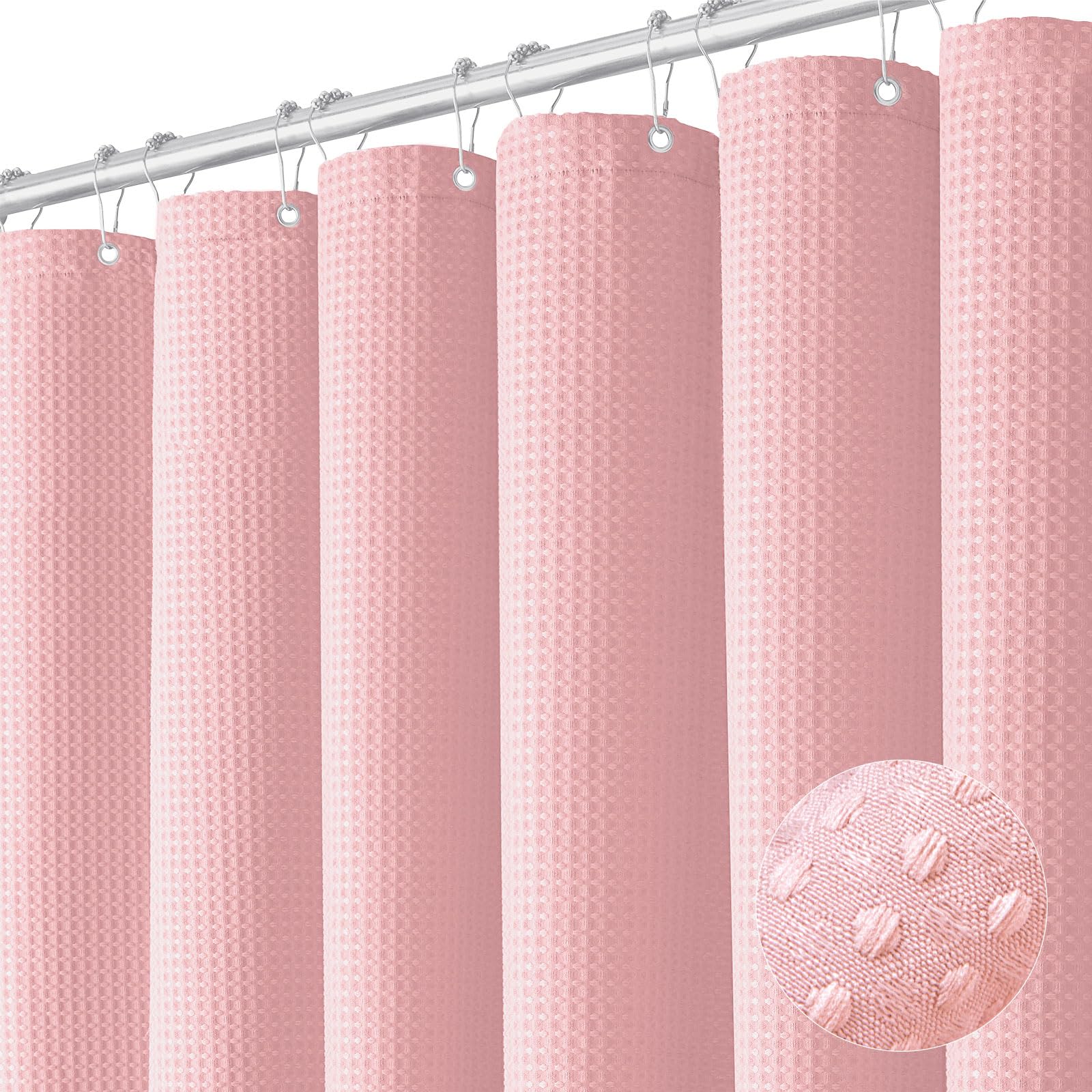 Dynamene Pink Fabric Shower Curtain - Waffle Weave Textured Heavy Duty Cloth Shower Curtains For Bathroom, 256Gsm Hotel Luxury W