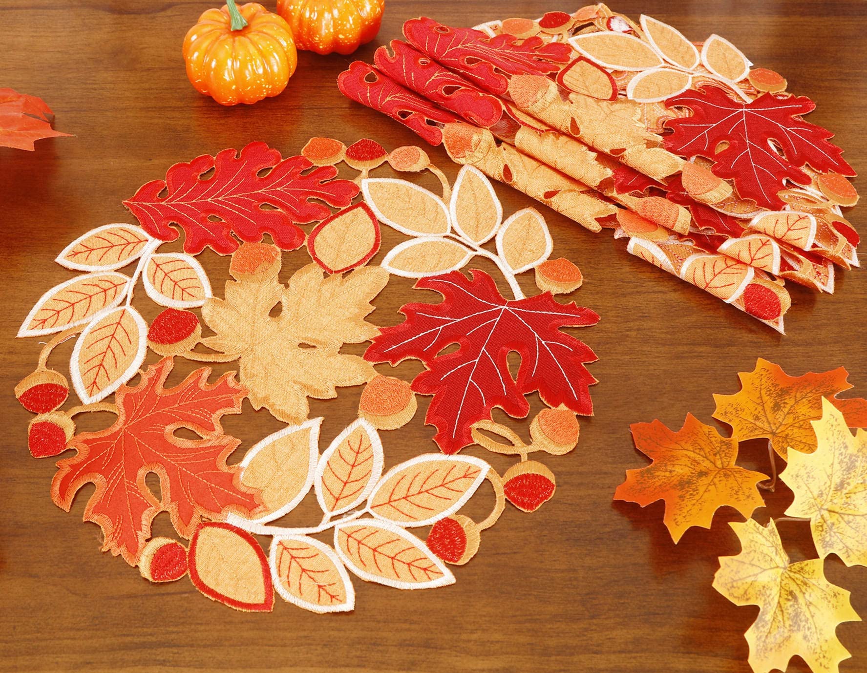 Fall Placemats Set Of 4 Applique Cutwork Embroidered Maple Leaves Dresser Scarf Table Topper For Thanksgiving'S Day Home Holiday