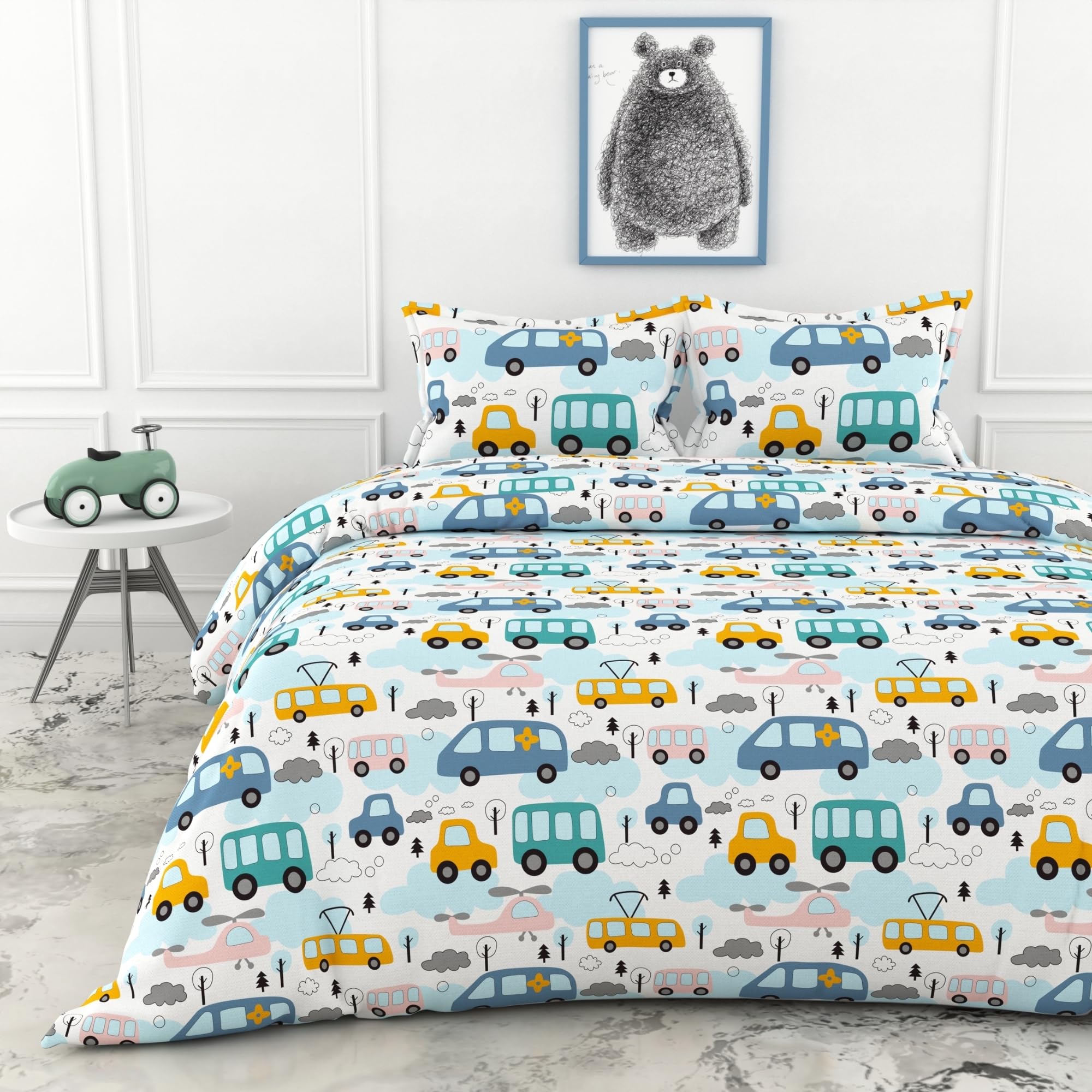 Loreto - A Quality Linen Brand 100% Cotton King Size Bedsheet With 2 Pillow Covers - Bubblegum Blue Bus & Banana Yellow Cars, So