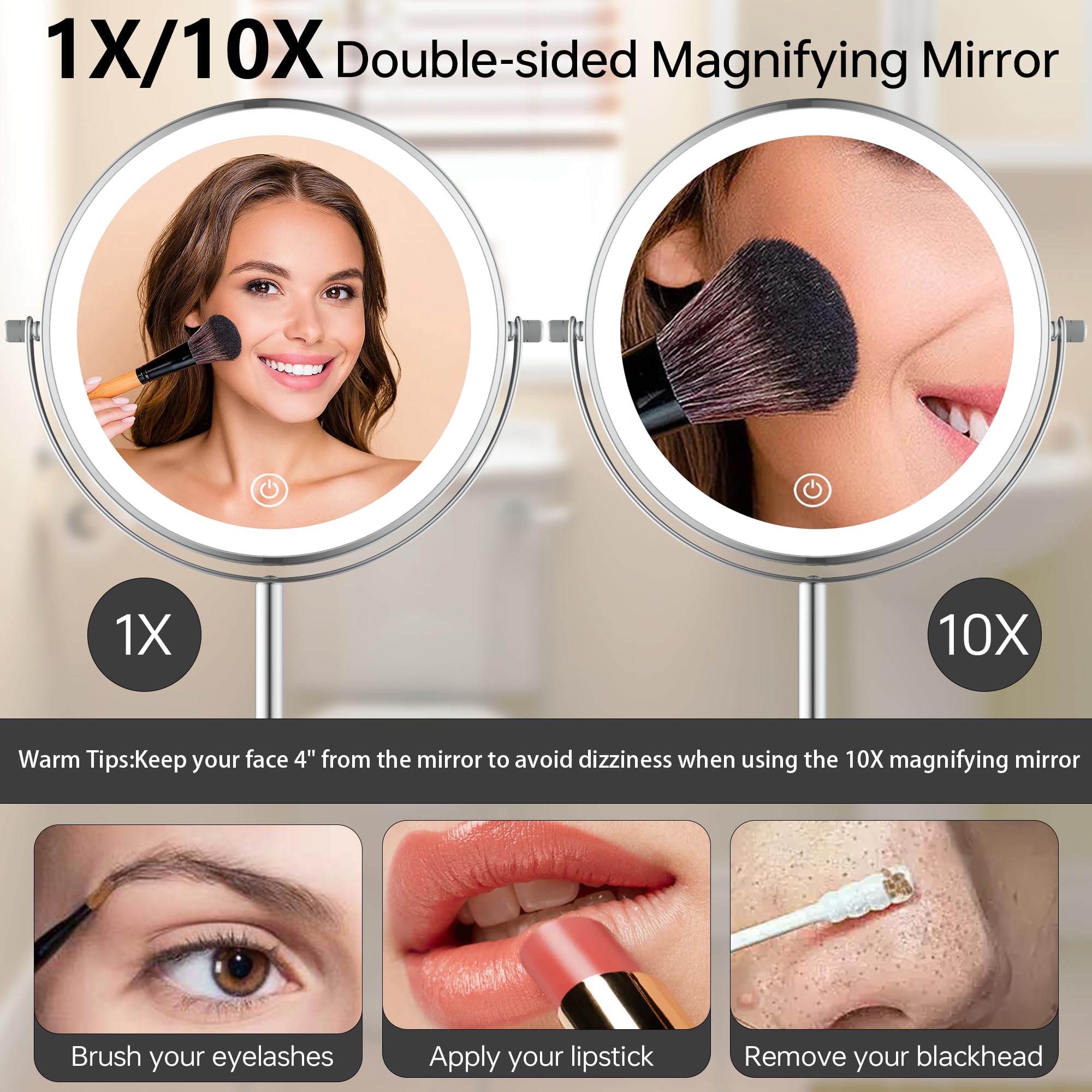 Lansi 8'' Lighted Makeup Mirror With Lights And Magnification,1X/10X Magnifying Mirror With Light,Vanity Mirror With Jewelry Hol