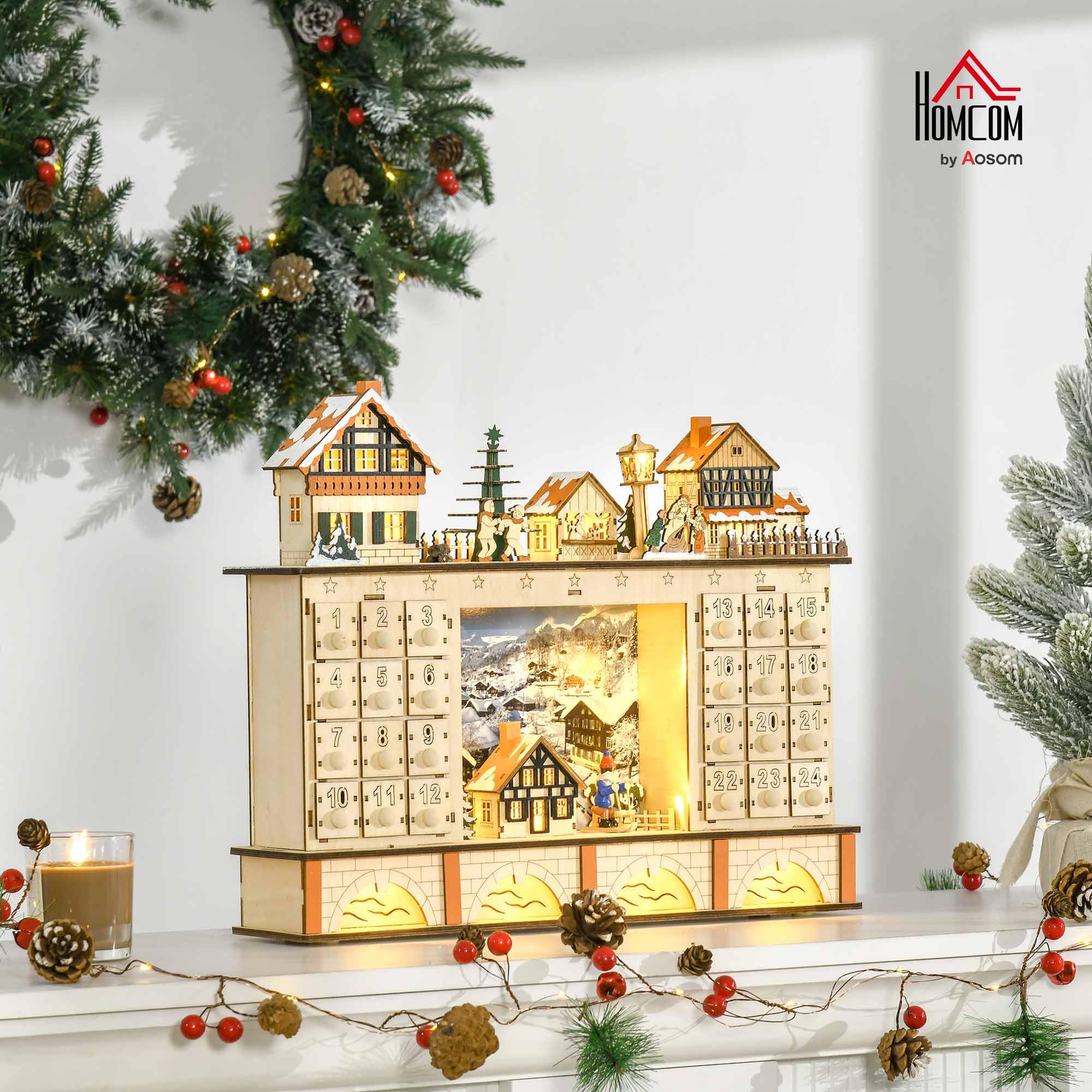 HOMCOM Christmas Advent Calendar, Light Up Table Xmas Wooden Store Holiday Decoration with Countdown Drawer, Village, for Kids a