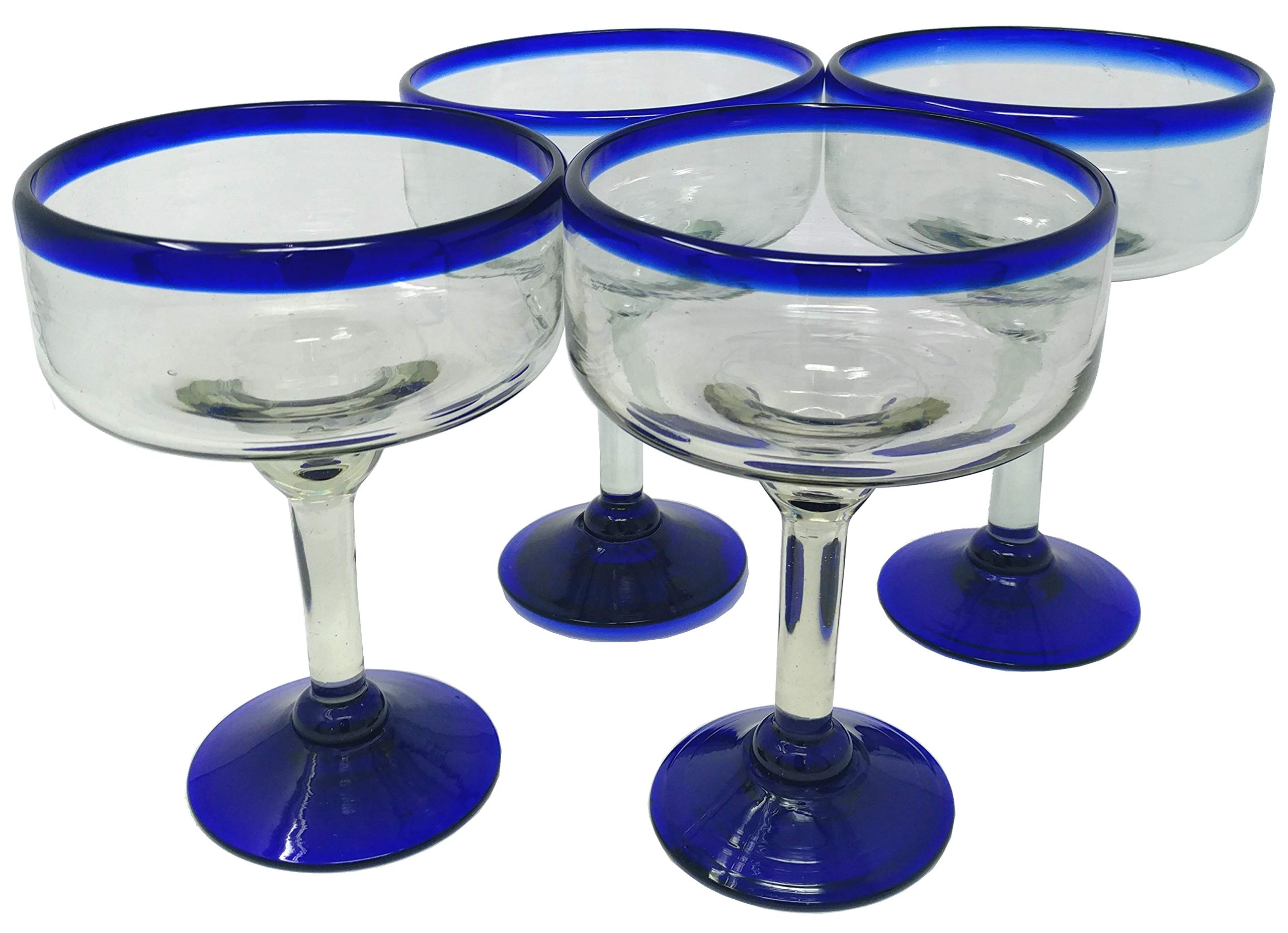 Dos Sueos Mexican Hand Blown Glass - Set Of 4 Hand Blown Margarita Glasses - Cobalt Blue Rim (16 Oz)