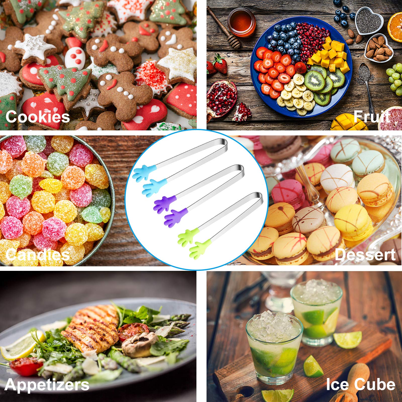 6Pcs Mini Tong, Hand Shape Silicone Food Tongs, 5Inch Kid Tongs For Sugar Cubes, Serving Food, Colorful Kitchen Tongs Perfect Fo