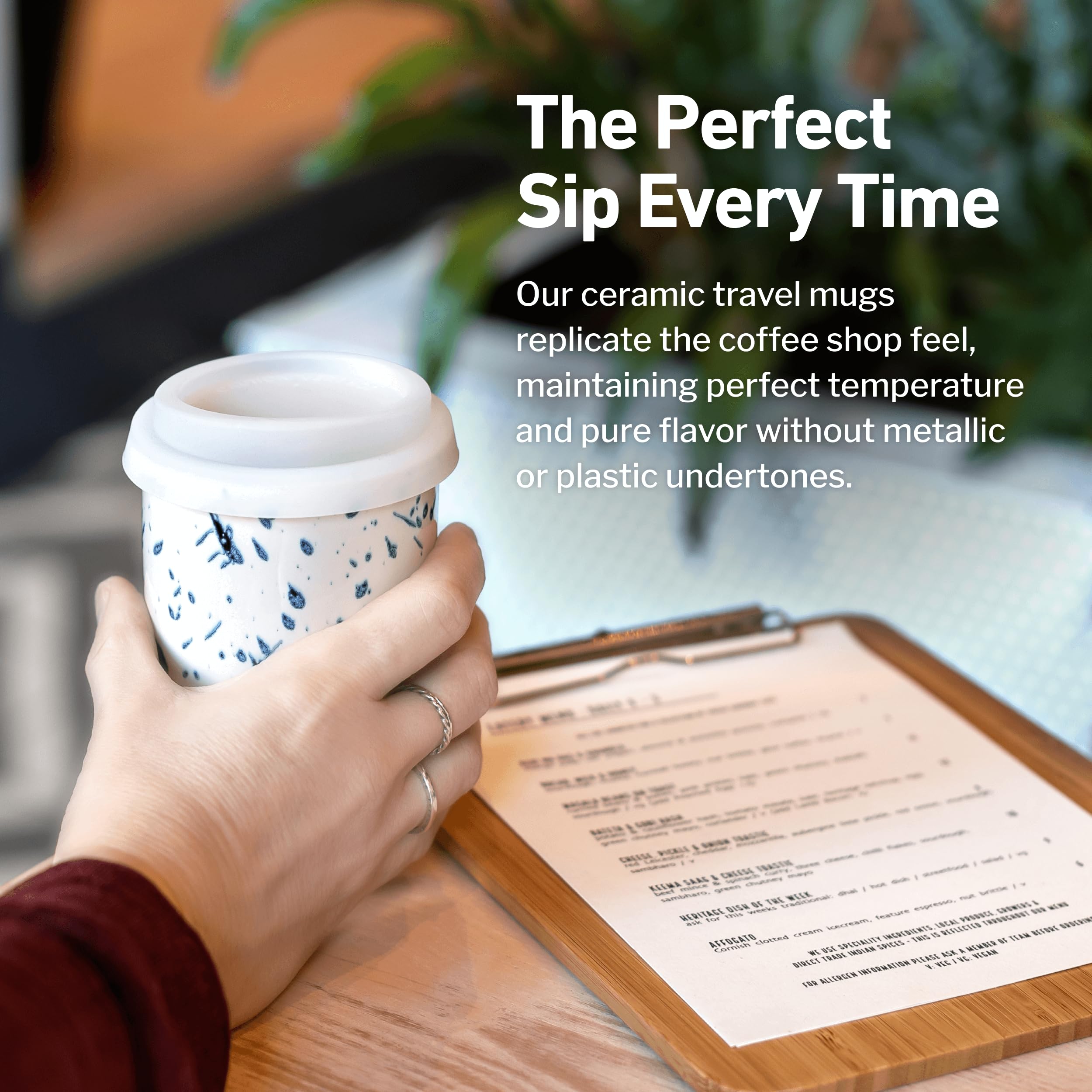 NOVA CERAMICS Travel Mug - Travel Size Mug - Reusable Coffee Mug Unique to Go Mug - Microwave & Dishwasher Safe Coffee White & B