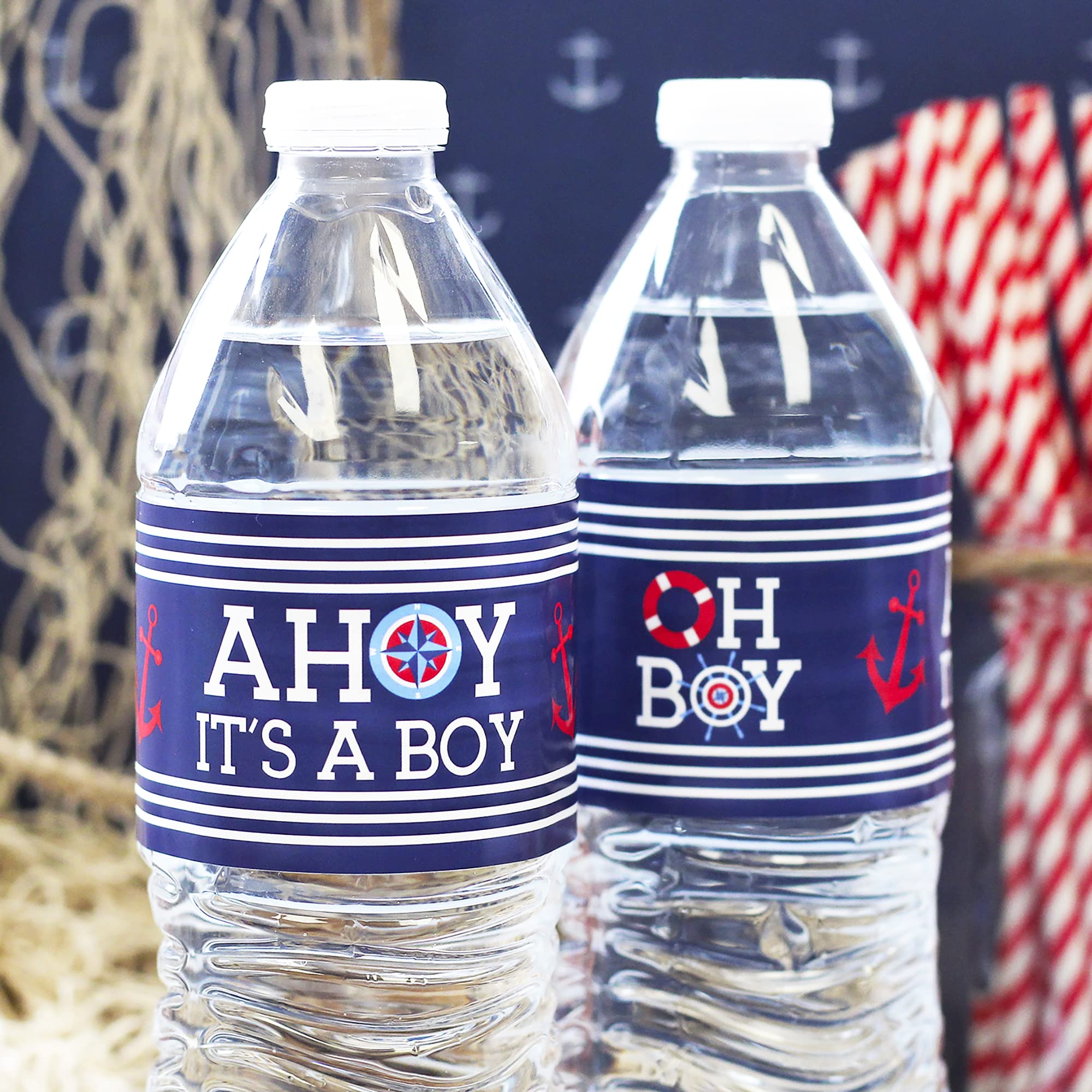 Ahoy It'S A Boy Baby Shower Water Bottle Labels, Nautical Waterproof Stickers For Water Bottles - 24 Count