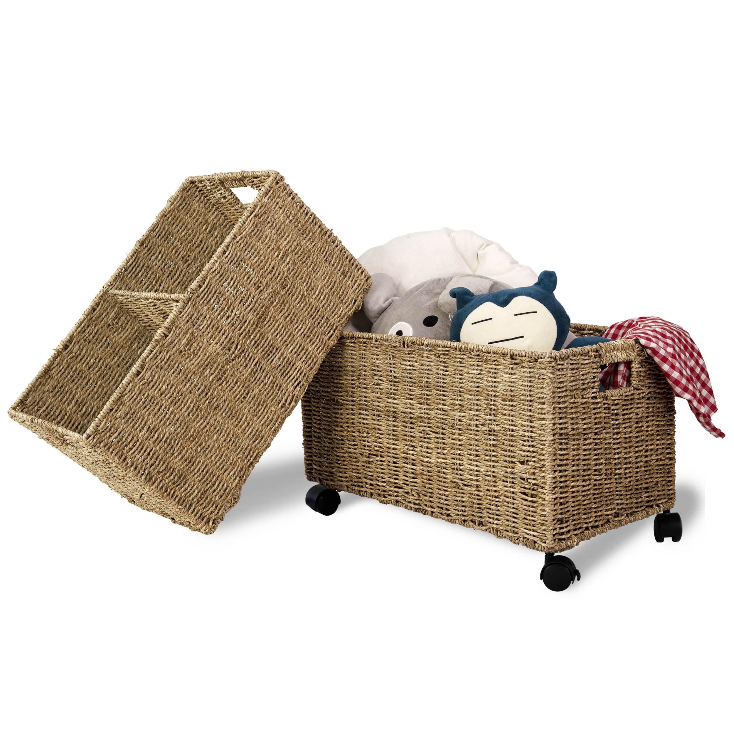 Pemar Set 2 (Different Sizes Nesting In A Set) Natural Wicker Rolling Storage Baskets On Wheels W Insert Handle, Under Table Und