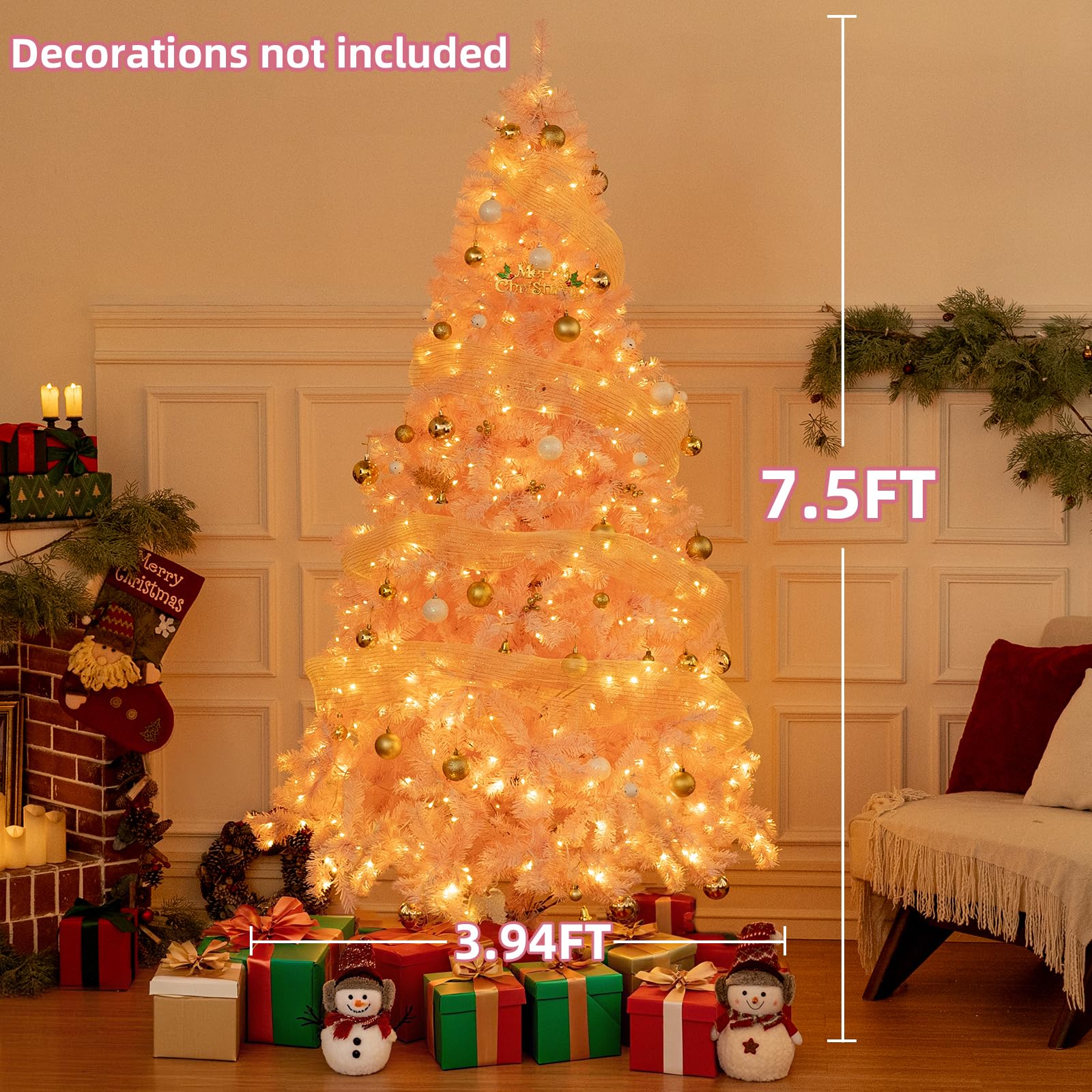 Prelit 7.5ft Pink Christmas Tree with 1500 PVC Branches, 600 Multicolor Lights, 11 Modes & Timer Remote Control, Auto-Hinged Art