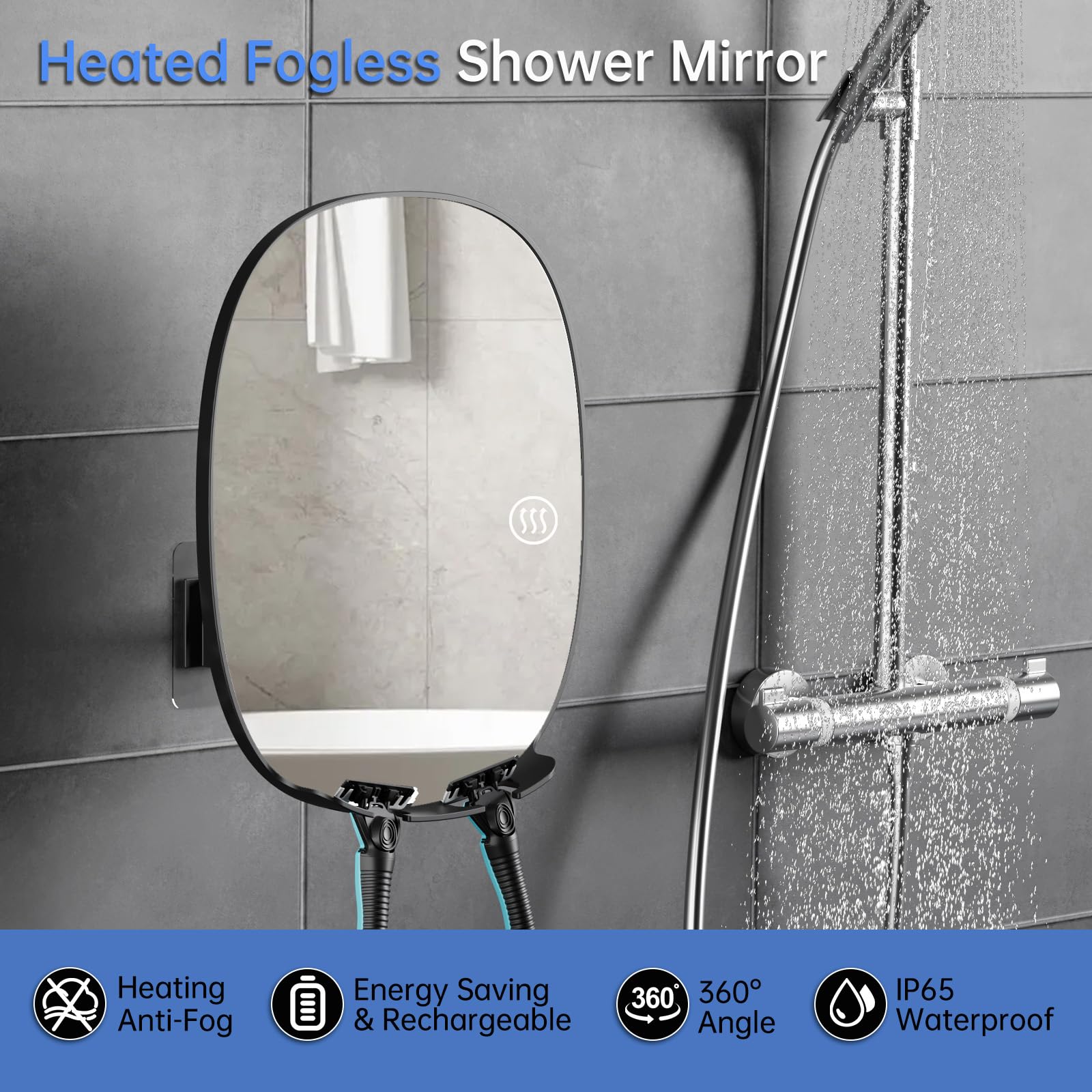 COSMIRROR Heated Shower Mirror - Fogless Black Anti-Fog Shaving Mirror, 8.5"x6.7", Wall Mounted with 2 Razor Holders, Model 459