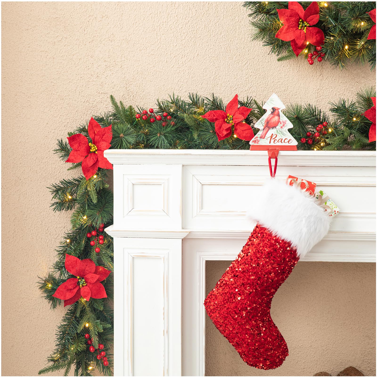 Glitzhome 9ft Christmas Garland with Lights, Greenery Garland Poinsettia and Red Berries Christmas Garlands for Mantle, Artifici