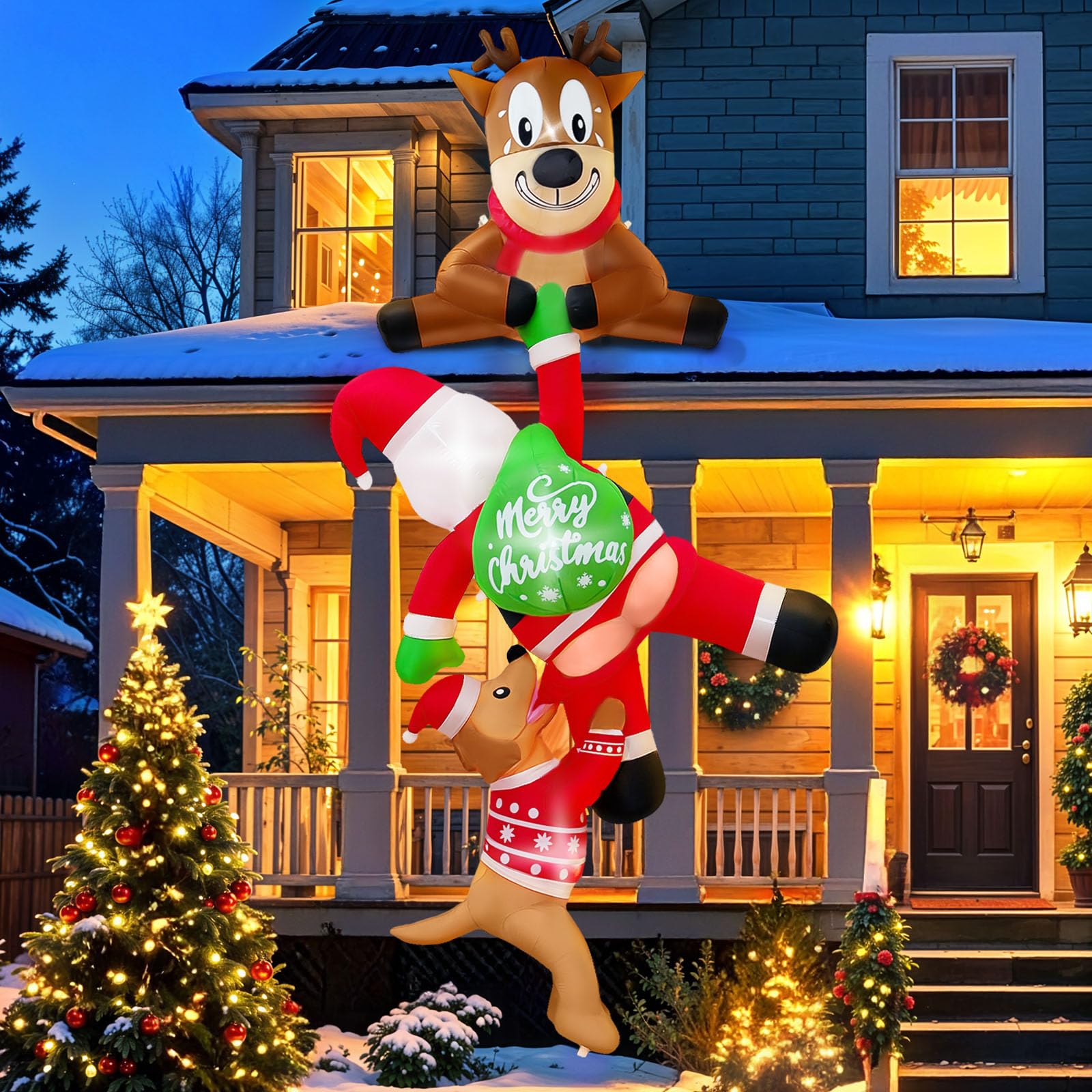 Fayavoo 8 FT Hanging Christmas Inflatable Outdoor Decoration, Inflatable Reindeer Pulling Santa and Dog, Funny Christmas Blow Up
