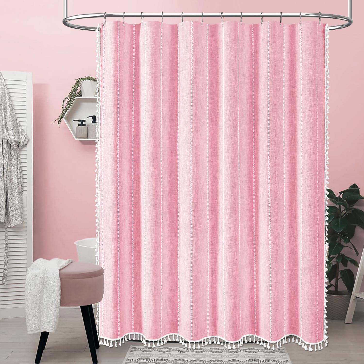 Bttn Pink Boho Shower Curtain, Linen Rustic Striped Fabric Shower Curtain Set With Tassel, Water Repellent, Bohemian Modern Farm