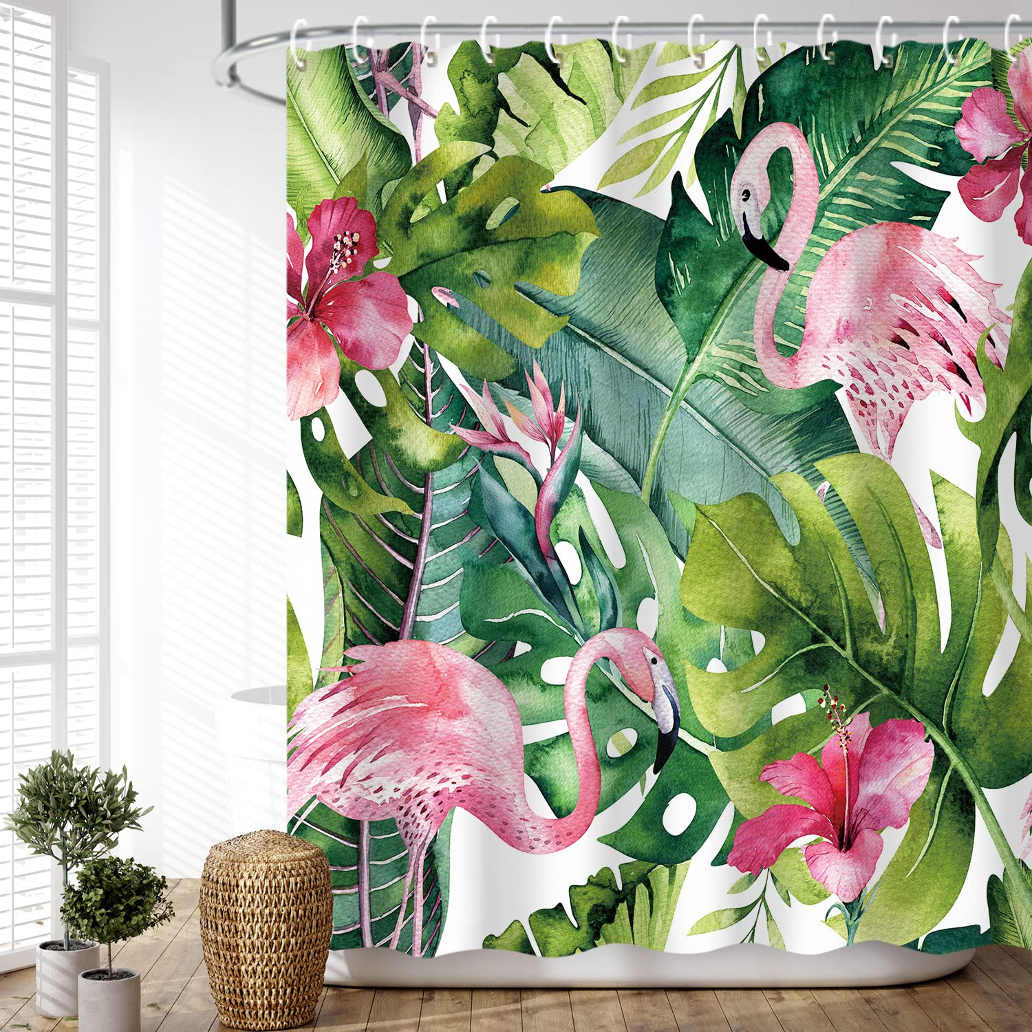 Livilan Tropical Shower Curtain, Green Shower Curtain, Flamingo Shower Curtains For Bathroom, Botanical Shower Curtain Set With