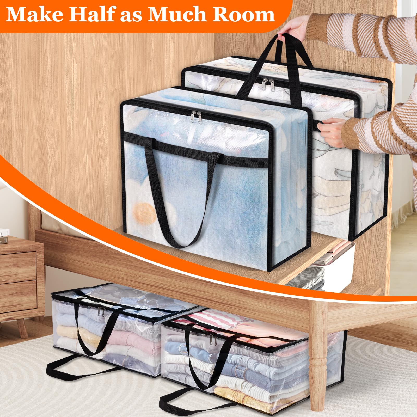 TasticTotes 6 Pack Clear Storage Bags for Comforter, Clothes & Bedding, Plastic Blanket Storage with Zipper and Handle, Moving B