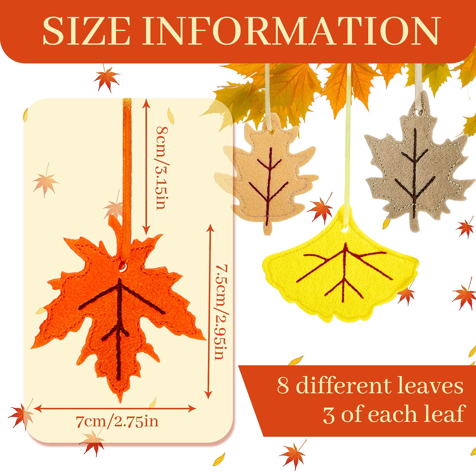 Tegeme 24 Pieces Thanksgiving Felt Ornaments Fall Hanging Decoration for Tree Maple Leaf Cutouts Decor for Thanksgiving Theme Fa