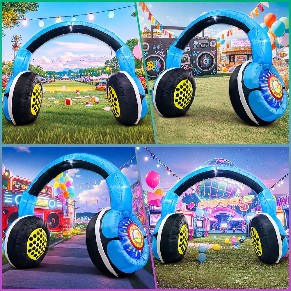 10FT Christmas Inflatable Headphones Archway Party Decorations, 80 s 90 s Party Decoration, Blow up LED Lights Favors for 80s 90
