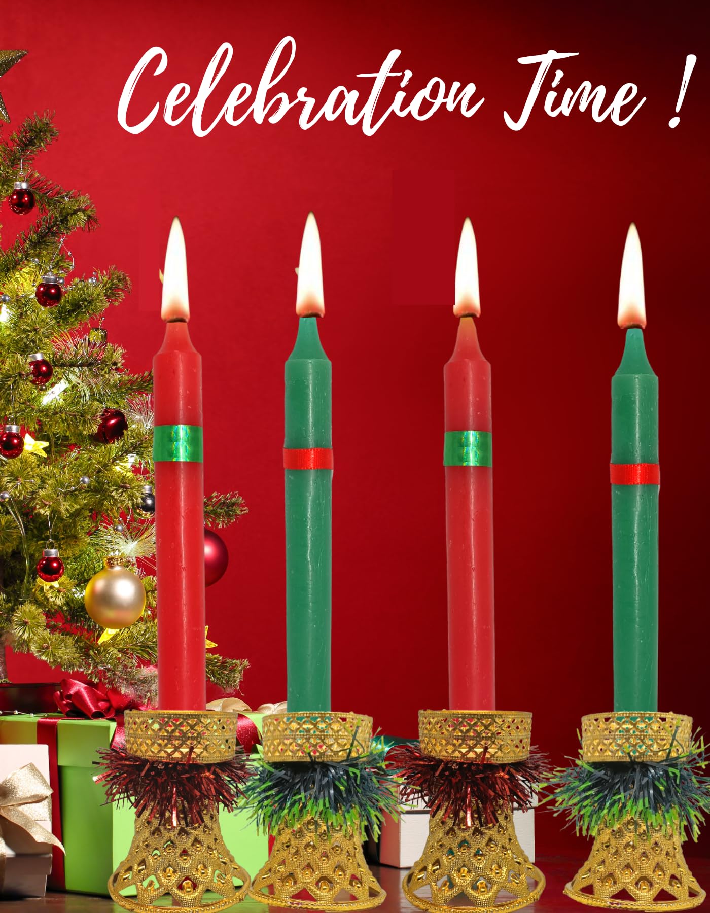 Quarya Decorative Candles Round Merry Christmas Wax Candles with Candle Stands Holders for Xmas Red Green Santa Candles for Home