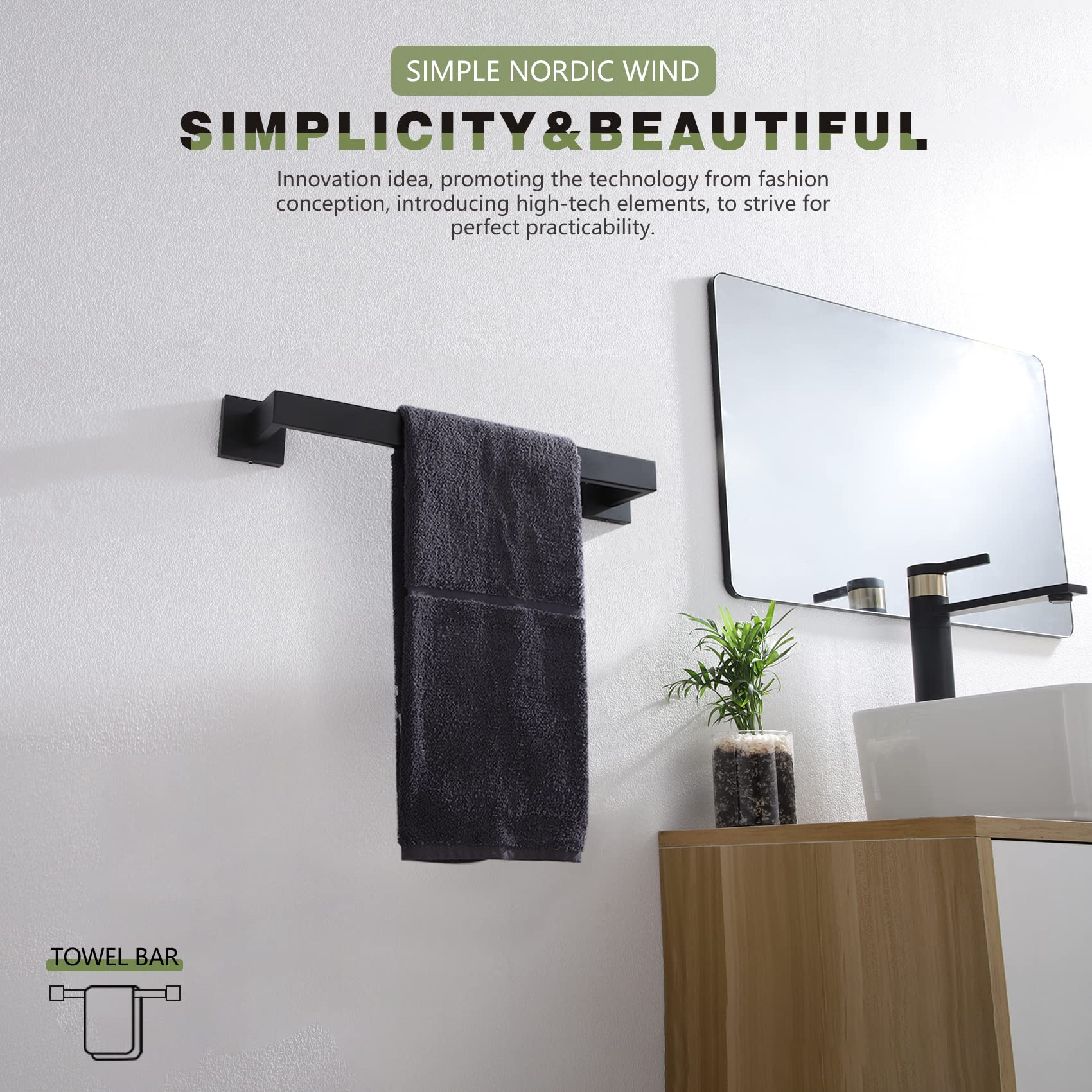 Kokosiri 16-Inch Single Towel Bar, Bathroom Kitchen Towel Holder, Wall Mounted Sus304 Stainless Steel Towel Rack, Matte Black, B