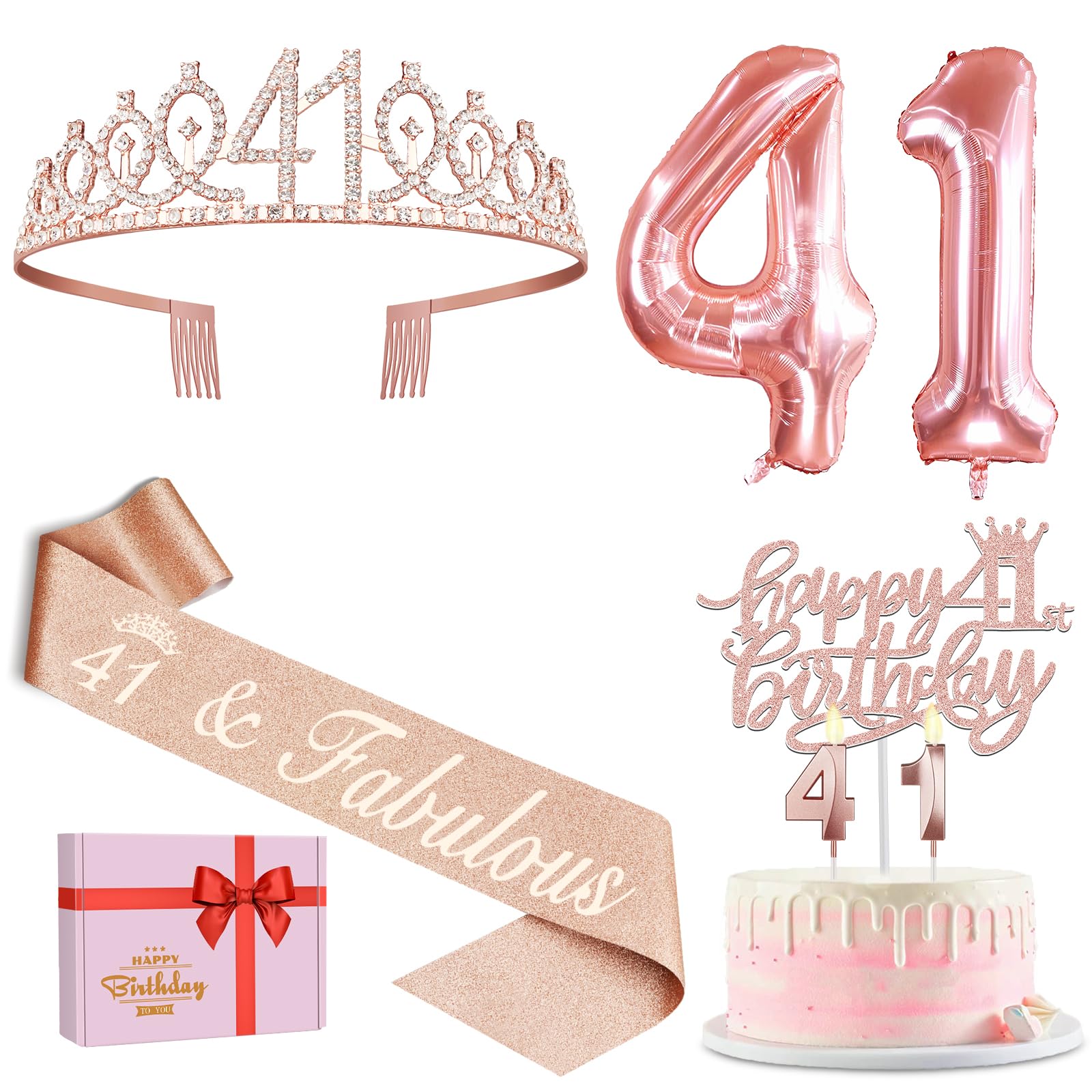 41St Birthday Gifts For Women, Include 41St Birthday Sash And Tiara, Birthday Cake Topper And Number 41 Candles, Big 41 Balloons