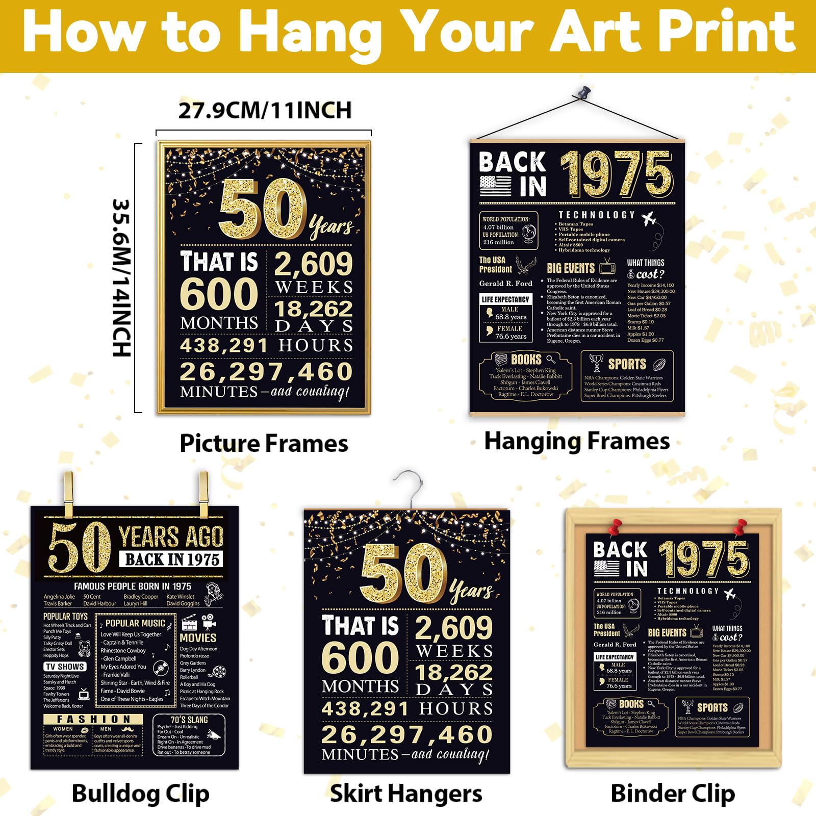 50 Years Ago 50th Birthday Wedding Anniversary Poster 3 Pieces 11 x 14 70s Party Decorations Supplies Large Sign Home Decor Black & Gold Wall Art Prints for Men and Women (Back in 1974-50 Years)
