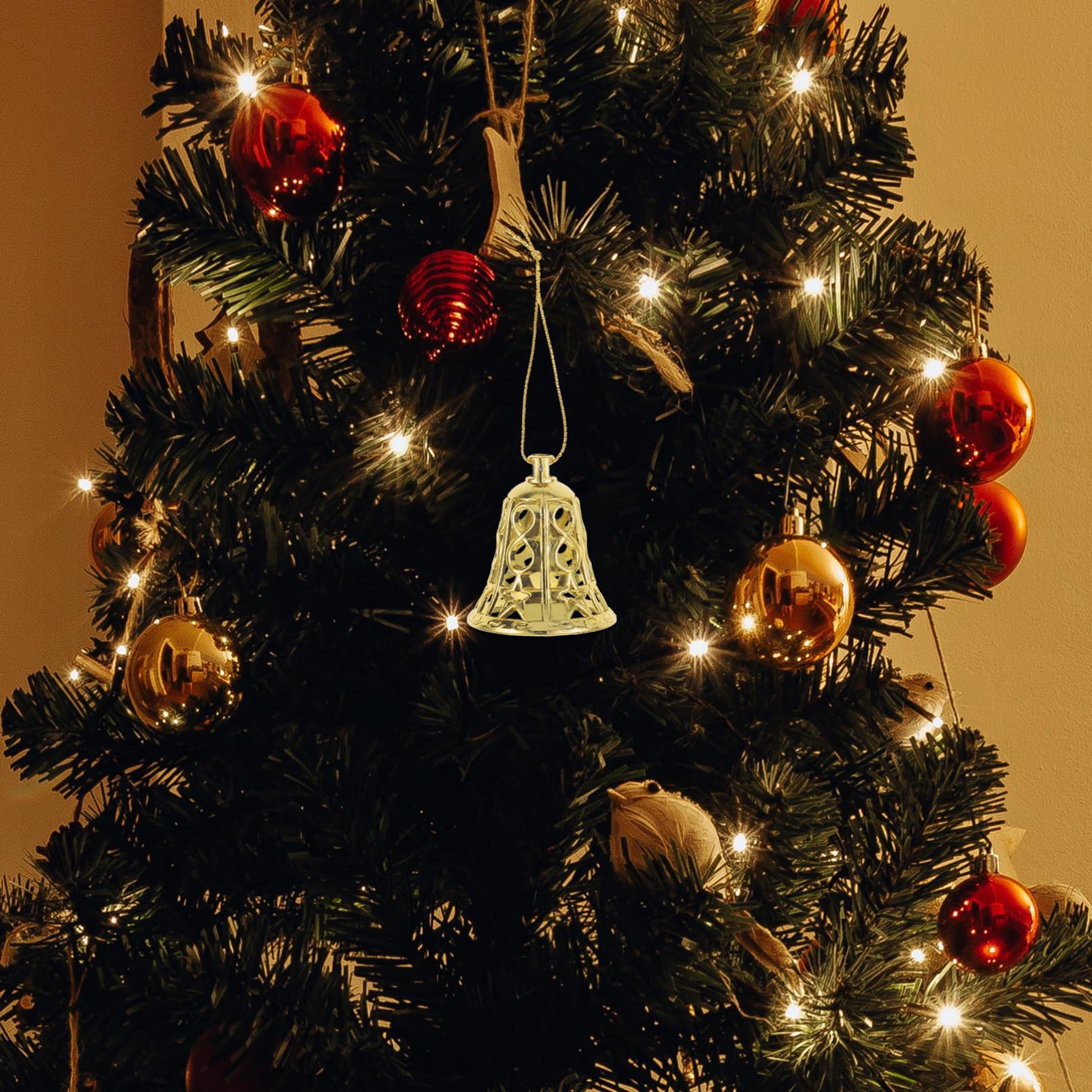 MAGICLULU 12pcs Christmas Plastic Jingle Bells Ornaments Christmas Tree Ornaments Plastic Bell Pendants with Ropes Gold Bells Tr