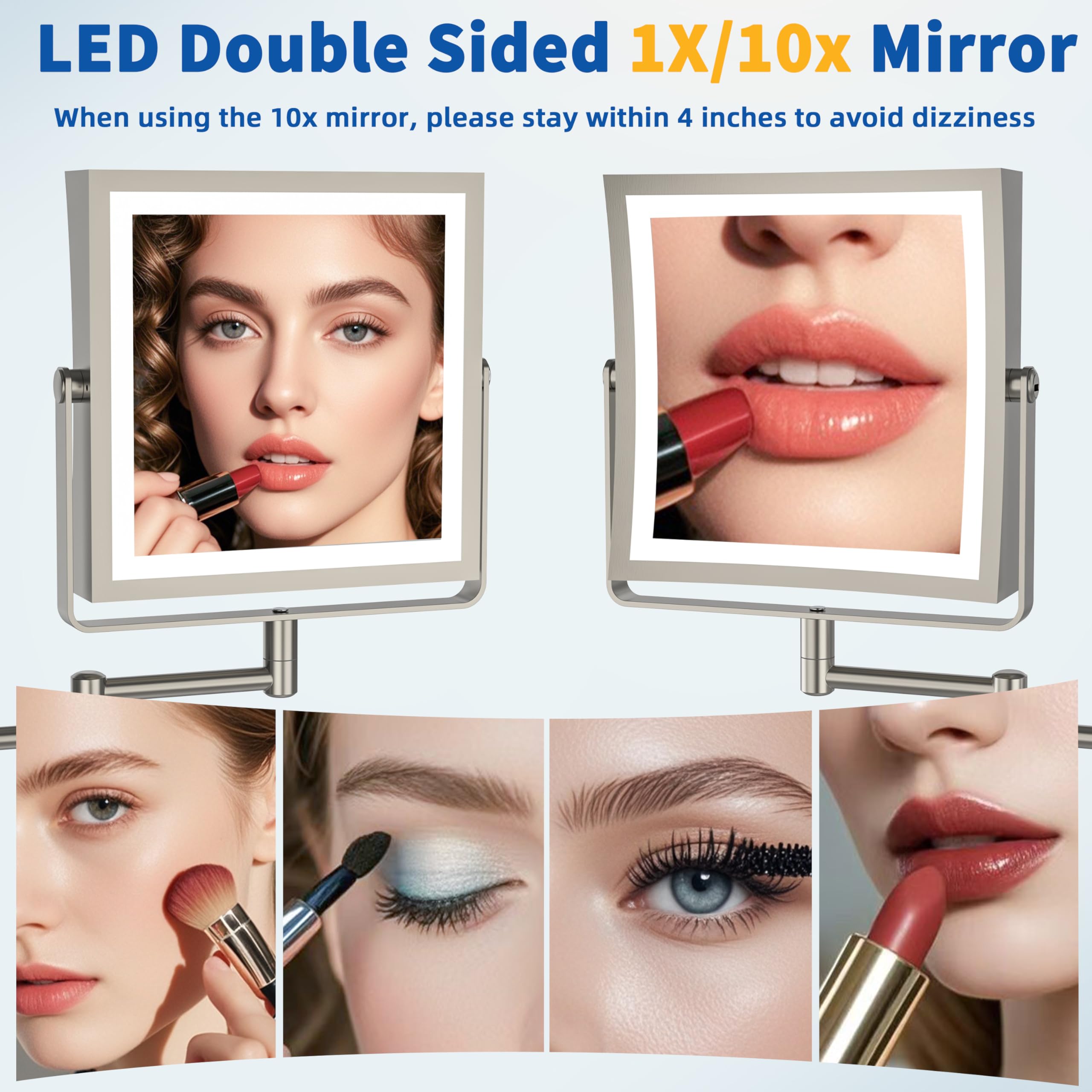 Ruacq Rechargeable Wall Mounted Makeup Mirror With Lights, Double Sided 1X/10X Magnifying Vanity Mirror With 3 Color Light, Touc
