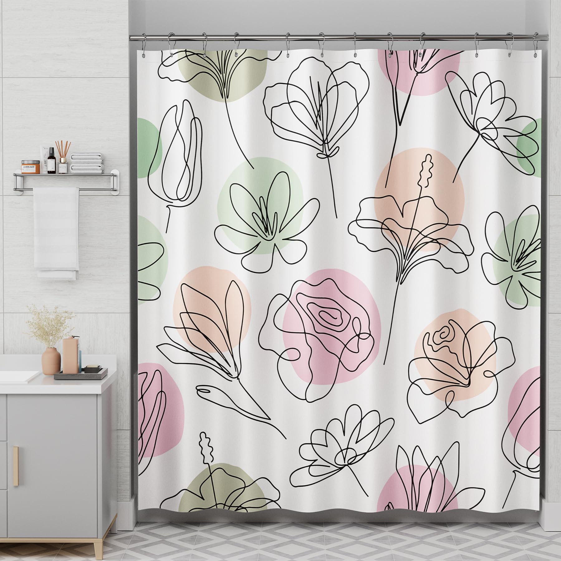 Amazerbath Floral Shower Curtain, 72''X72'' Washable Cloth Spring Black Ink Blooms Shower Curtain With 12 Metal Hooks, Farmhouse