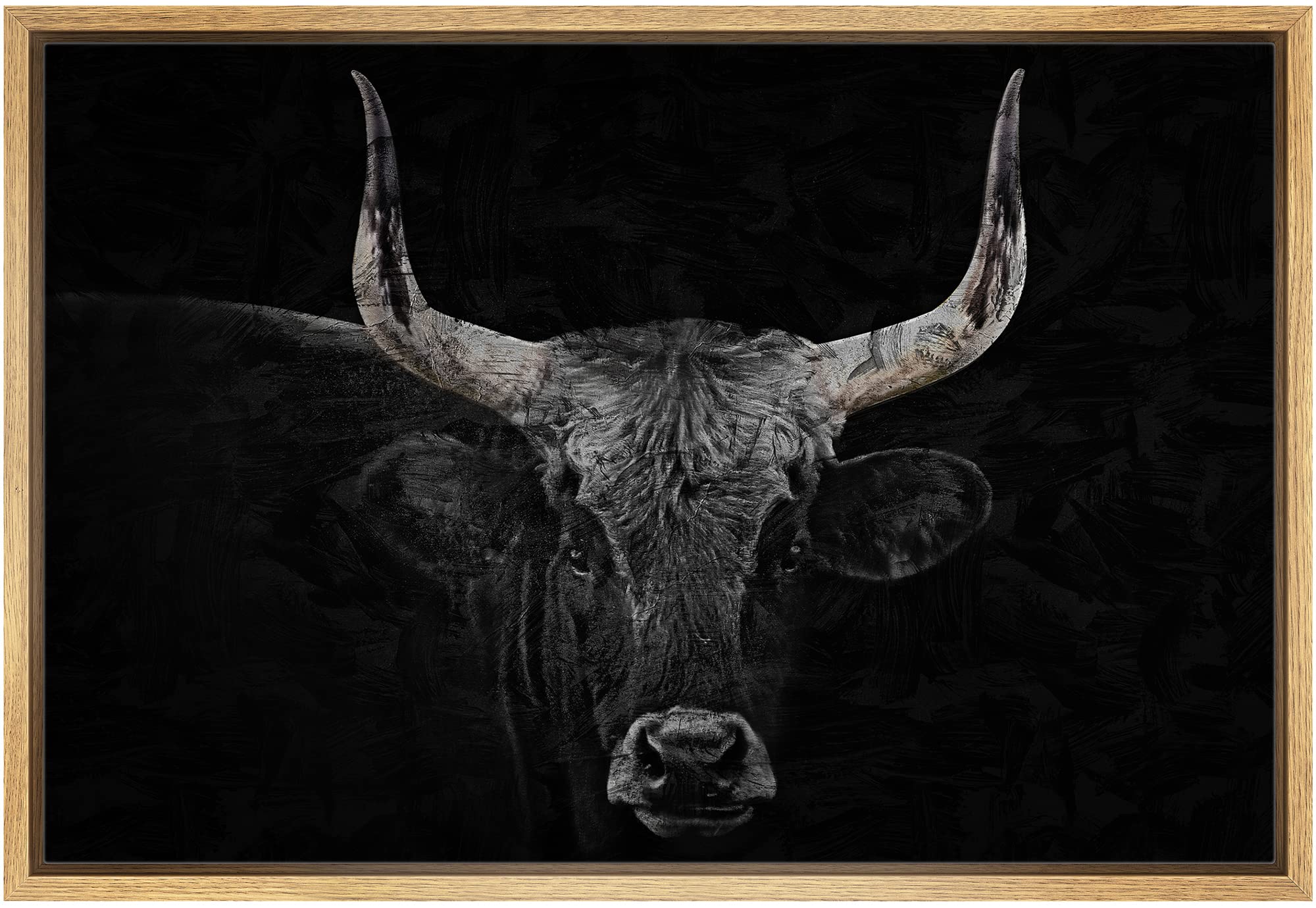 Signford Framed Canvas Print Wall Art Bull Portrait Cow Head Realism Farmhouse Country Southwest Texas Nature Wilderness Animals