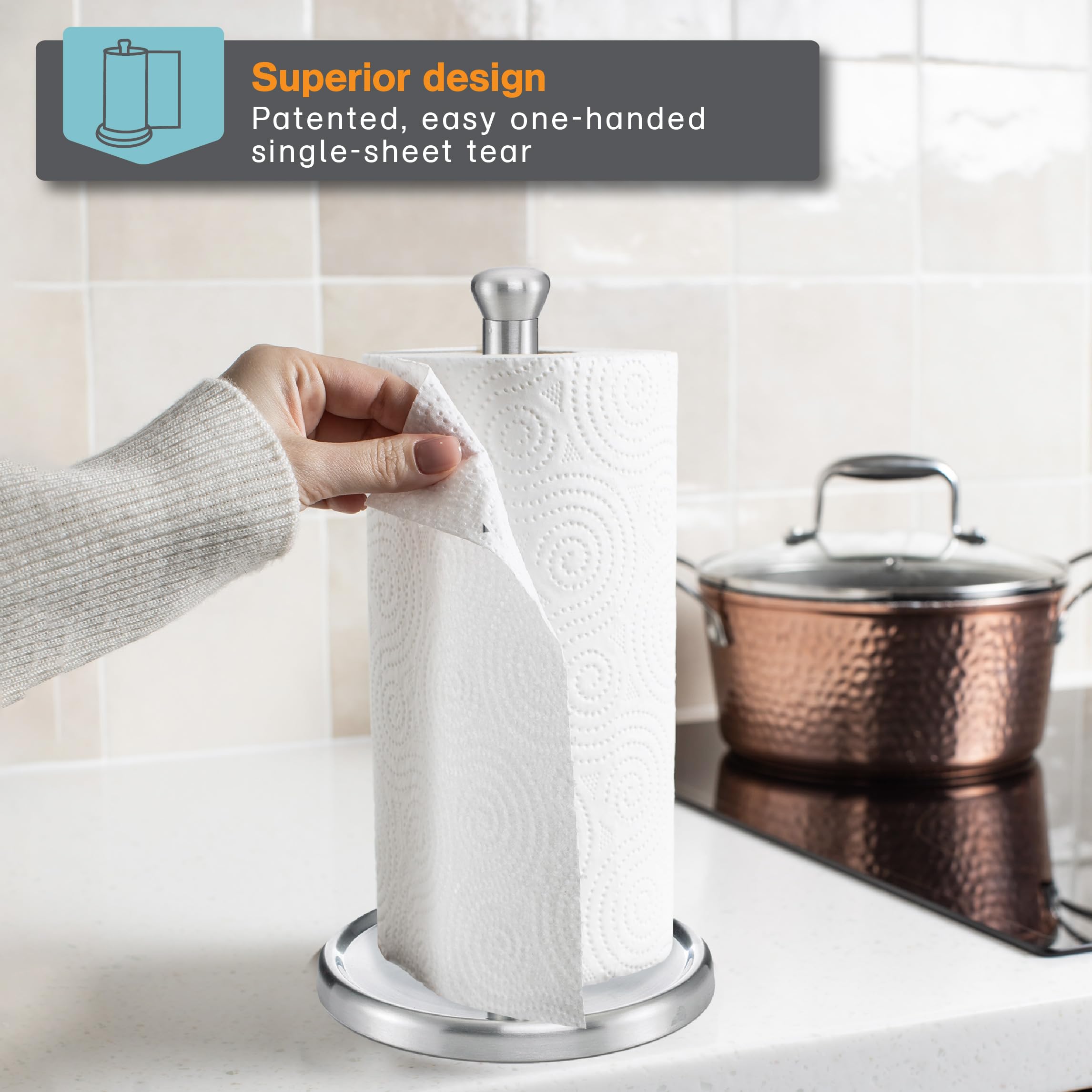 Polder Single-Tear Paper Towel Holder  Kitchen Organization and Storage  Stainless Steel Paper Towel Holder  Fits Standard and Jumbo-Sized Paper Towel Rolls  12.6'' H x 7.1'' Dia.
