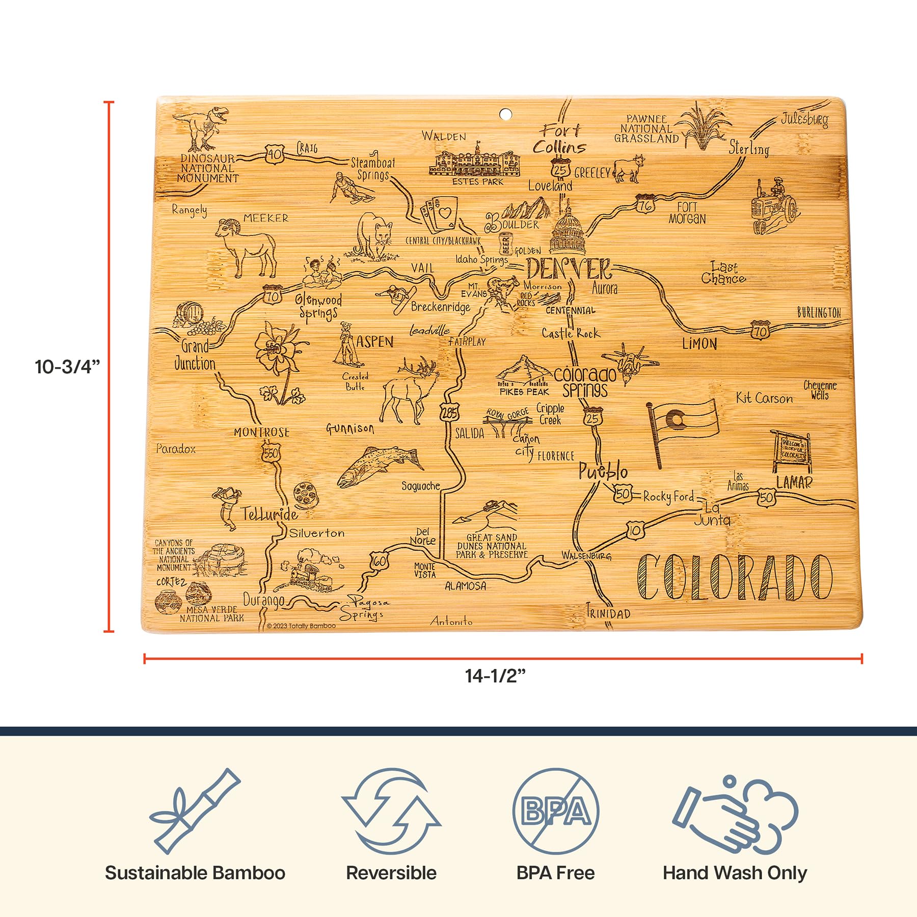 Totally Bamboo Destination Colorado State Shaped Cutting Board, Charcuterie and Cheese Serving Board - Colorado Gift for Home D