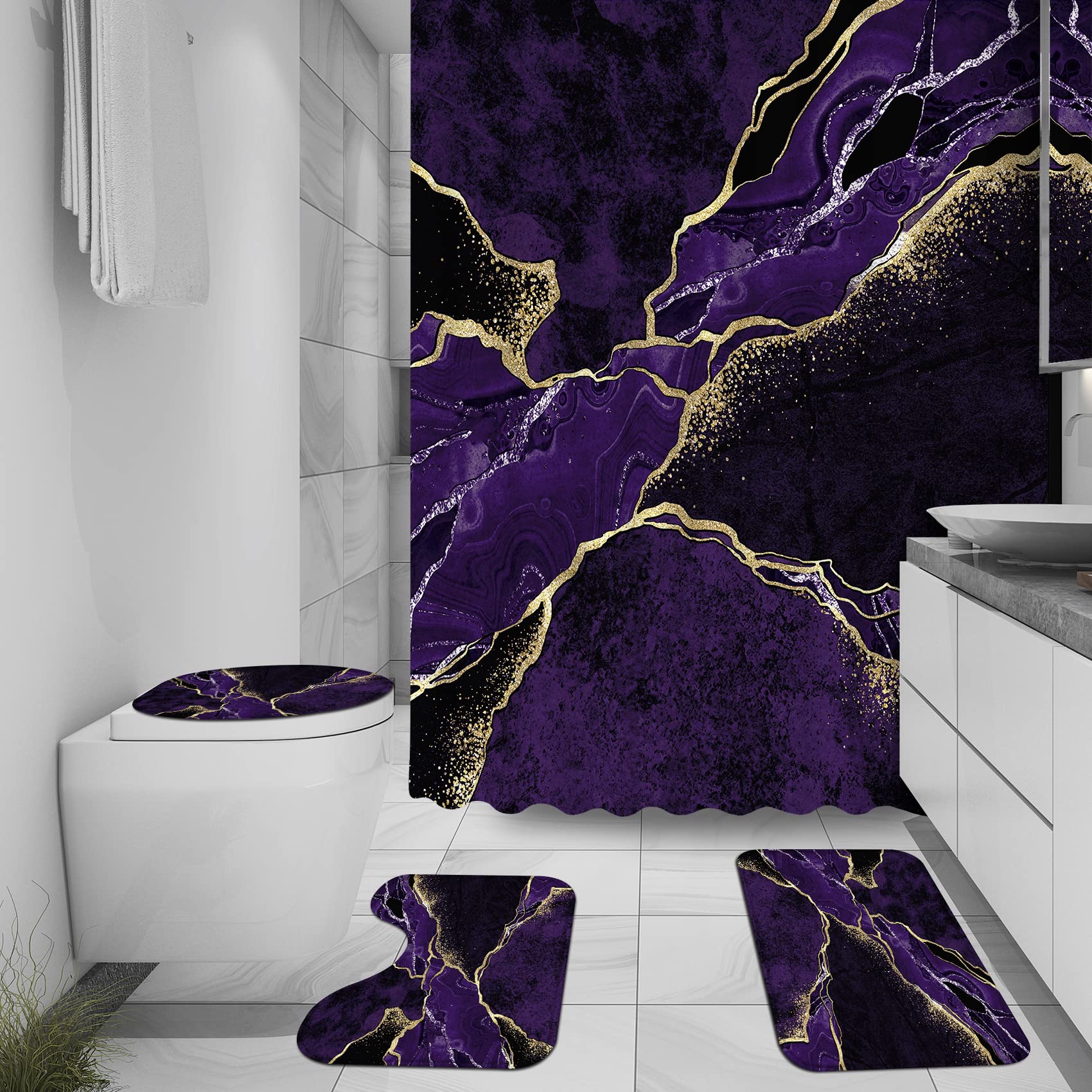 4 Pcs Purple Marble Shower Curtain Sets, Gold Cracked Lines Black Bathroom Decor, Rug Toilet Lid Cover And Non-Slip U Shape Mat,
